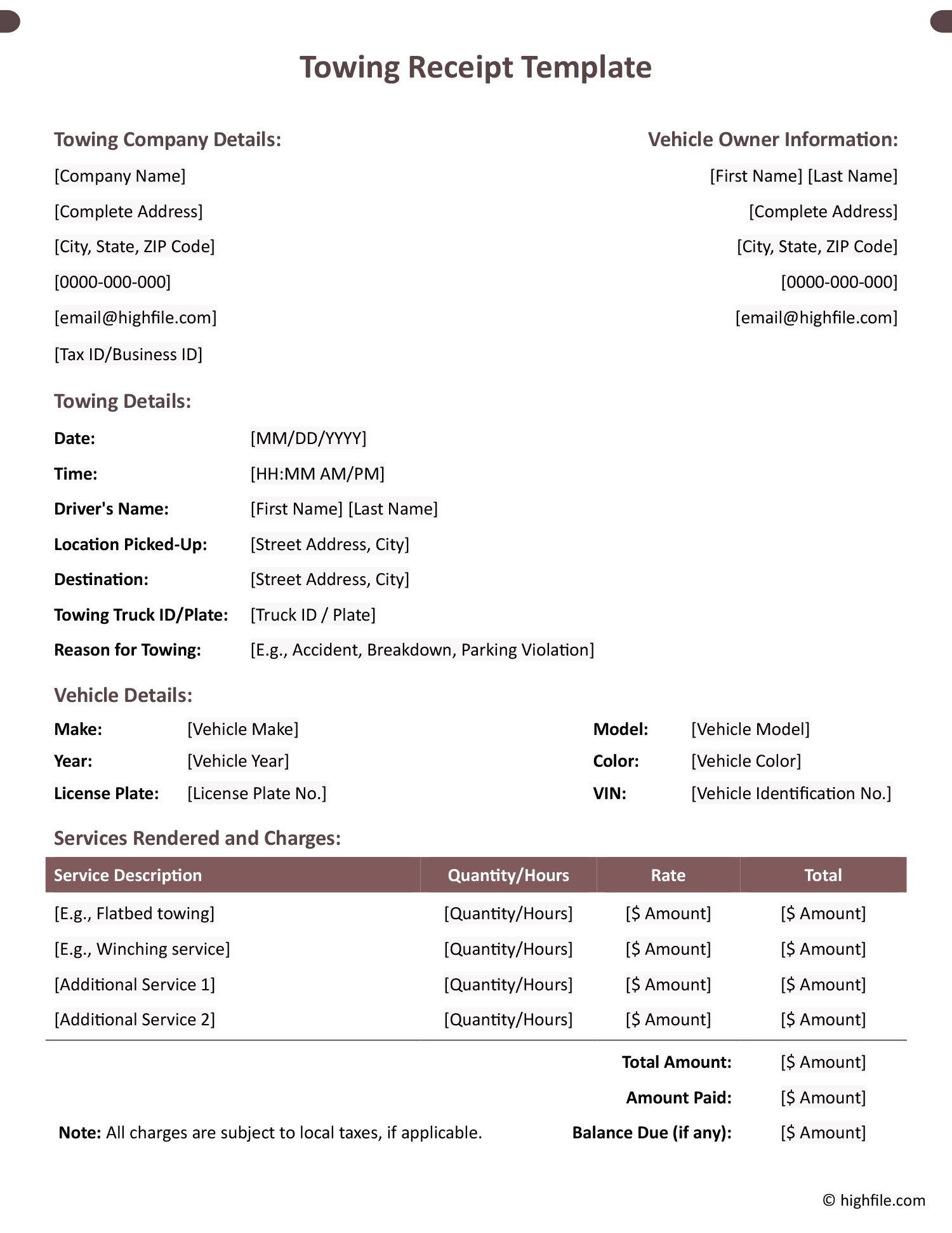 Towing Receipt Template Word Google Docs Highfile