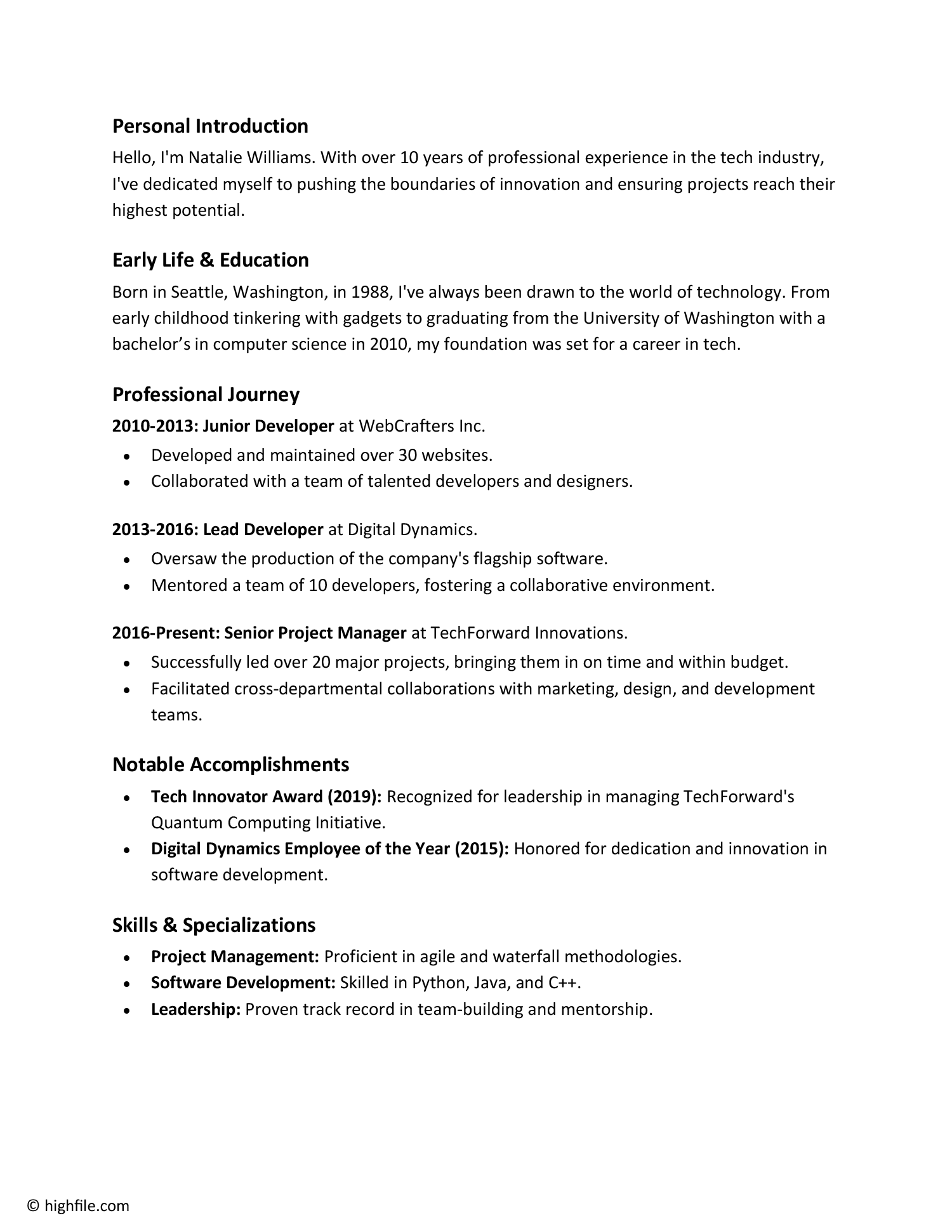 Work Bio Template - Word | Google Docs - Highfile.com