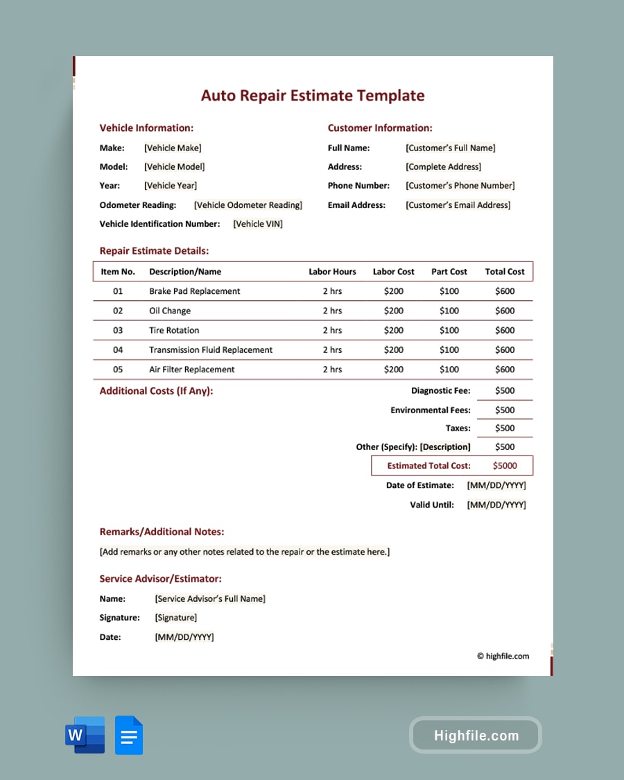Auto Repair Estimate Template Word Google Docs Highfile