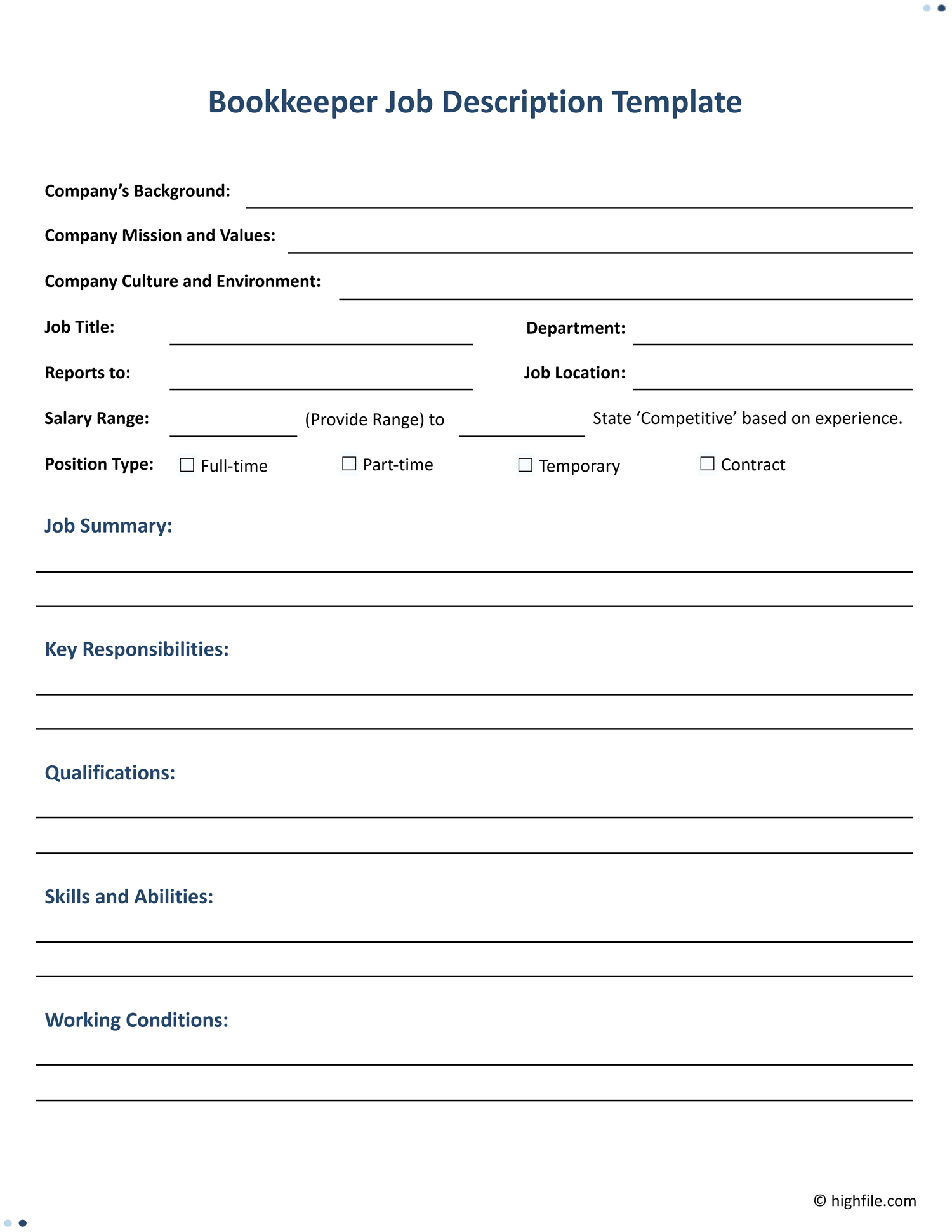 Bookkeeper Job Description Template - Word | Google Docs - Highfile for Free Printable Employee Information Form