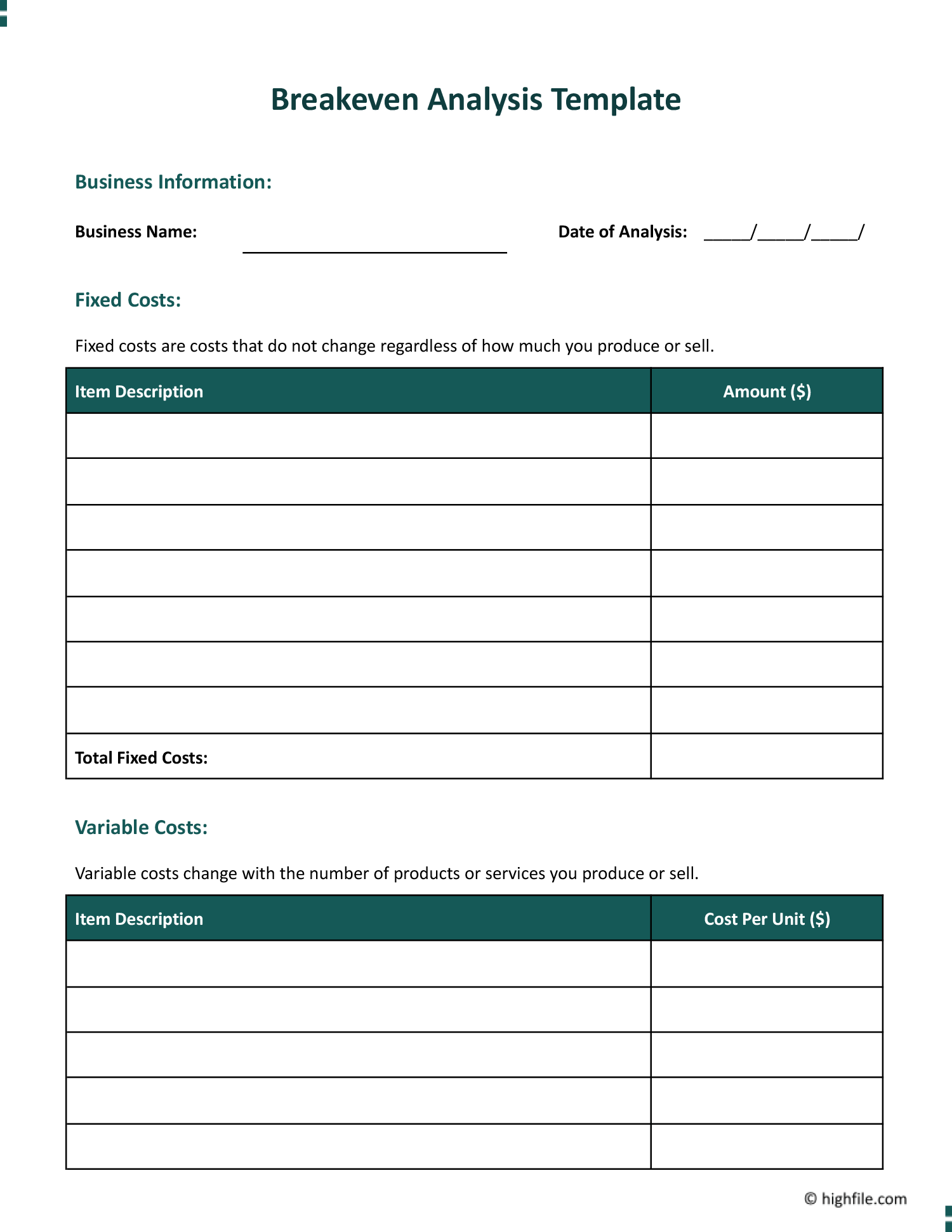 Breakeven Analysis Template Word Google Docs Highfile Breakeven Analysis Template Word Google Docs Highfile