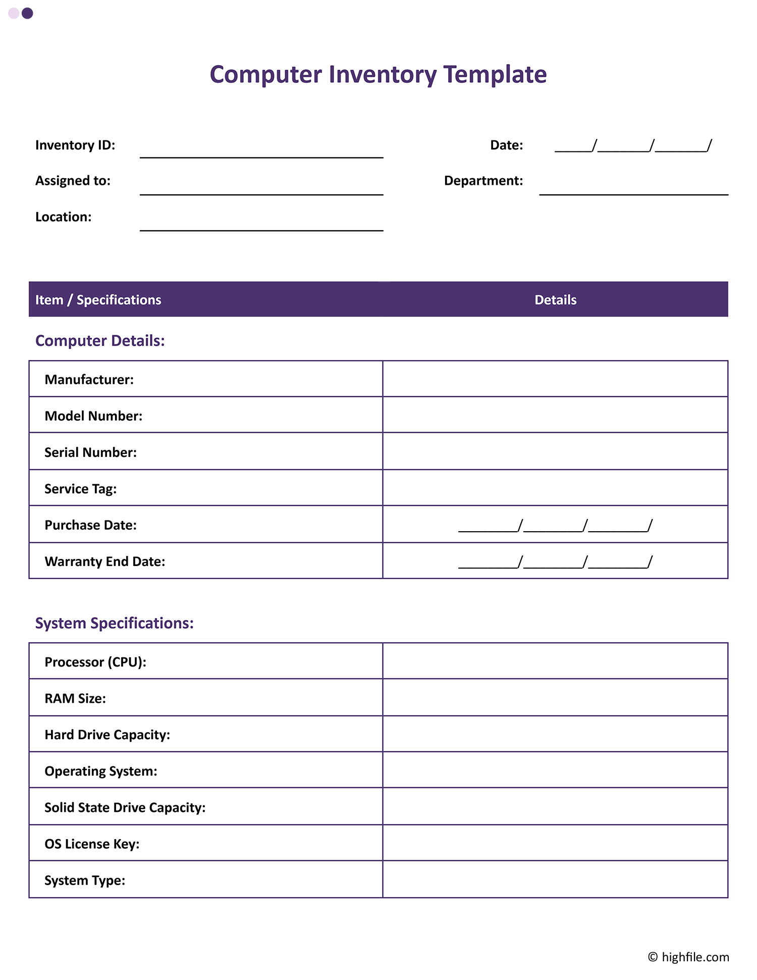 Computer Inventory Template - Word | Google Docs - Highfile