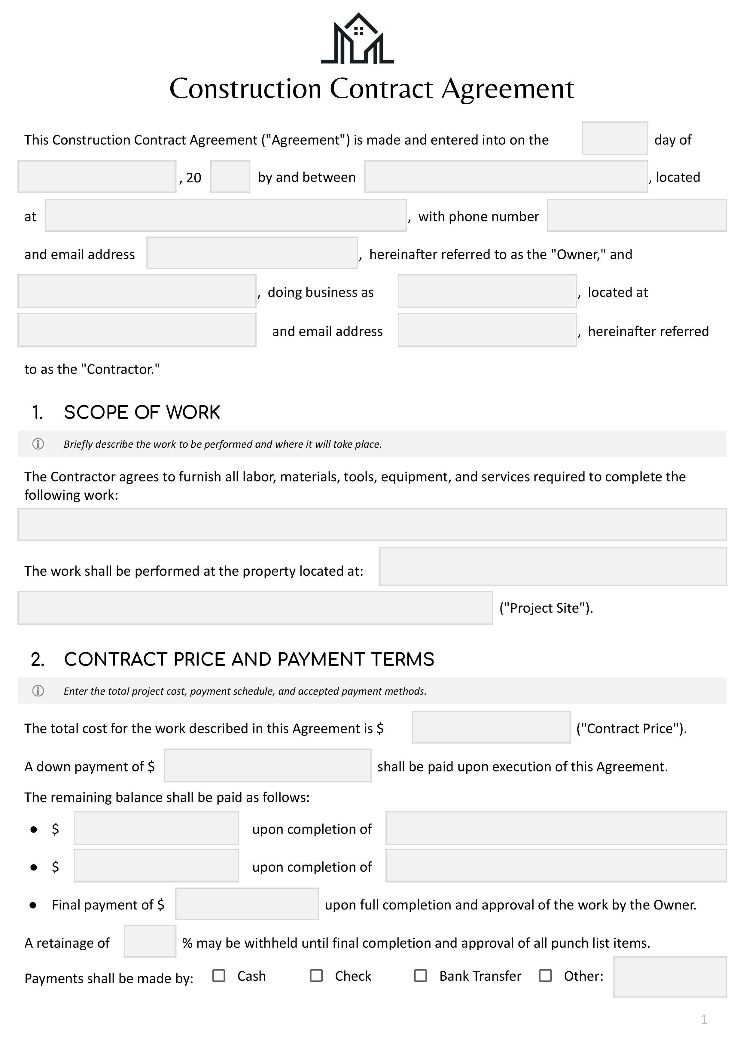 Construction Contract Template - Word | Google Docs - Highfile
