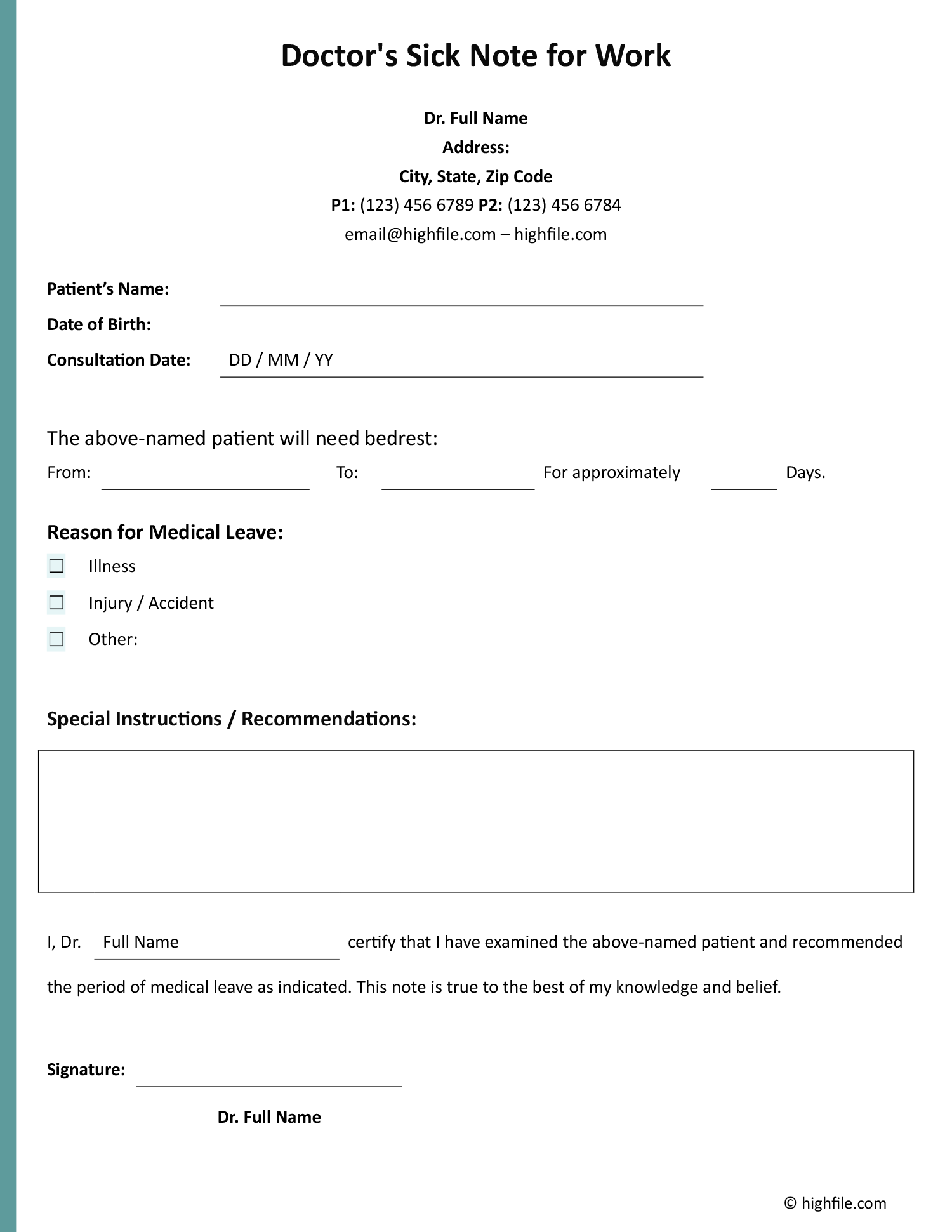 Doctor's Sick Note for Work Word Google Docs Highfile