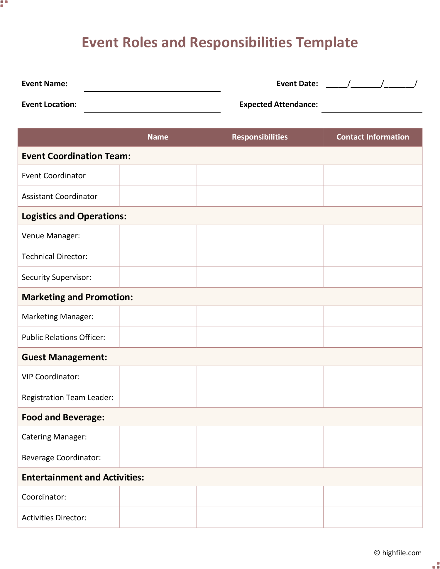 Event Roles And Responsibilities Template - Word | Google Docs - Highfile