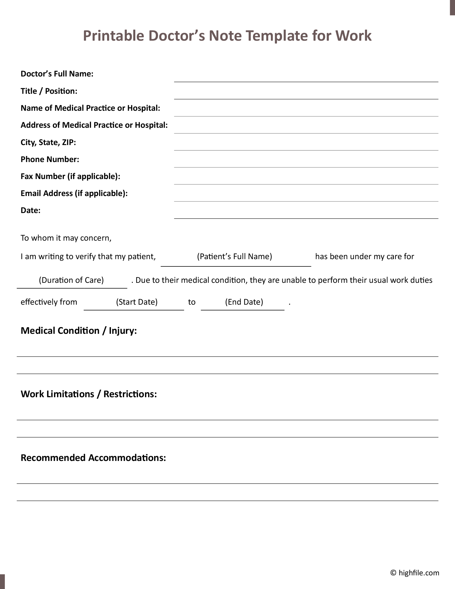 Printable Doctor s Note Template for Work Word Google Docs Highfile Printable Doctor s Note Template for Work Word Google Docs Highfile