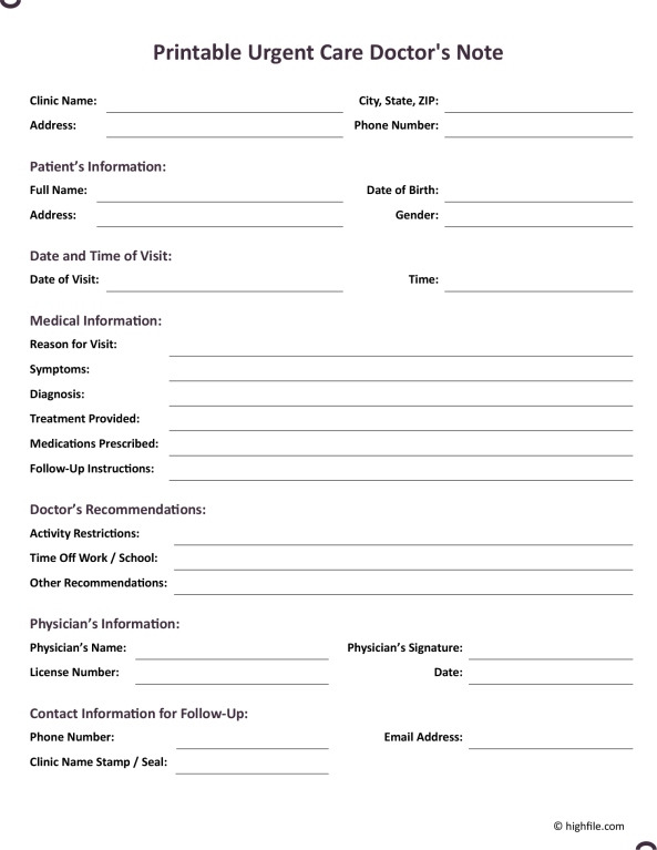Printable Urgent Care Doctors Note Template - Highfile