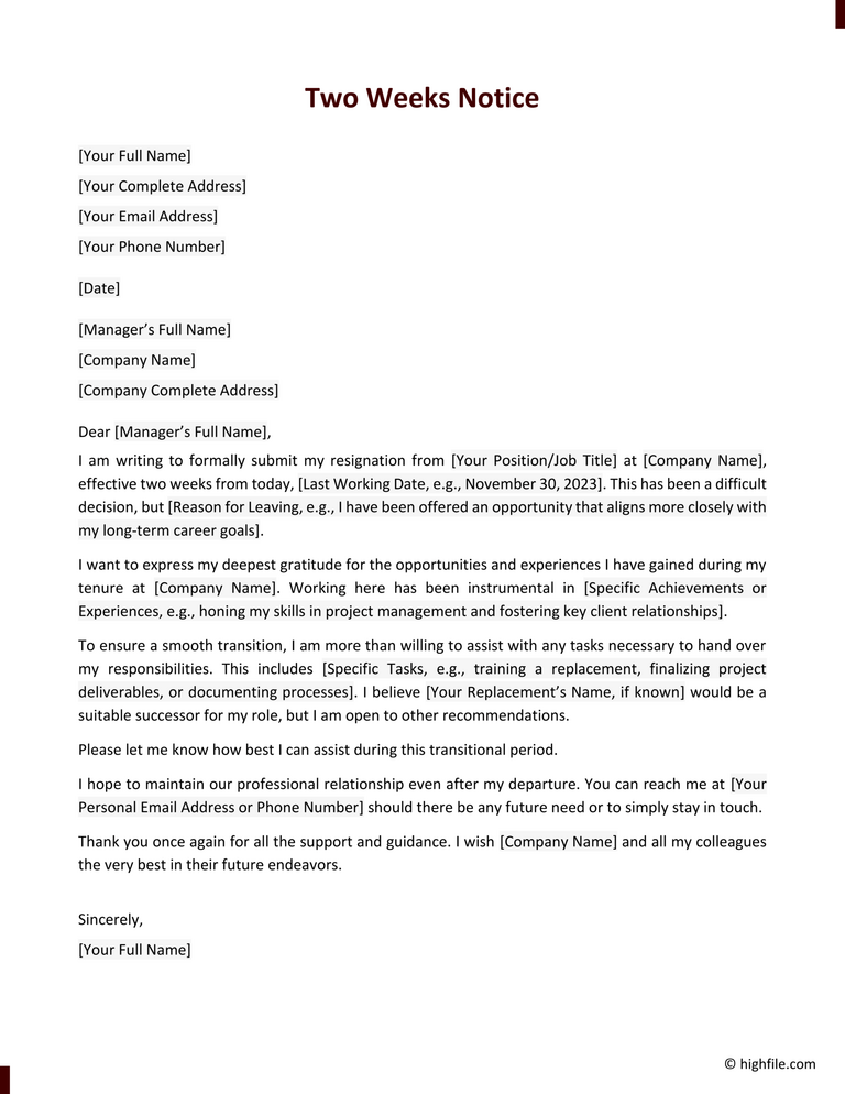 Notice Letter Templates – Two Week, 30 Day, and Others
