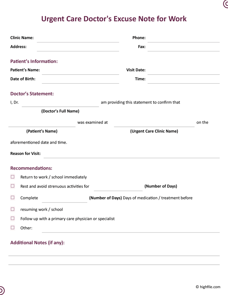 Doctor's Note from Urgent Care for Return to Work - Word | Google Docs ...