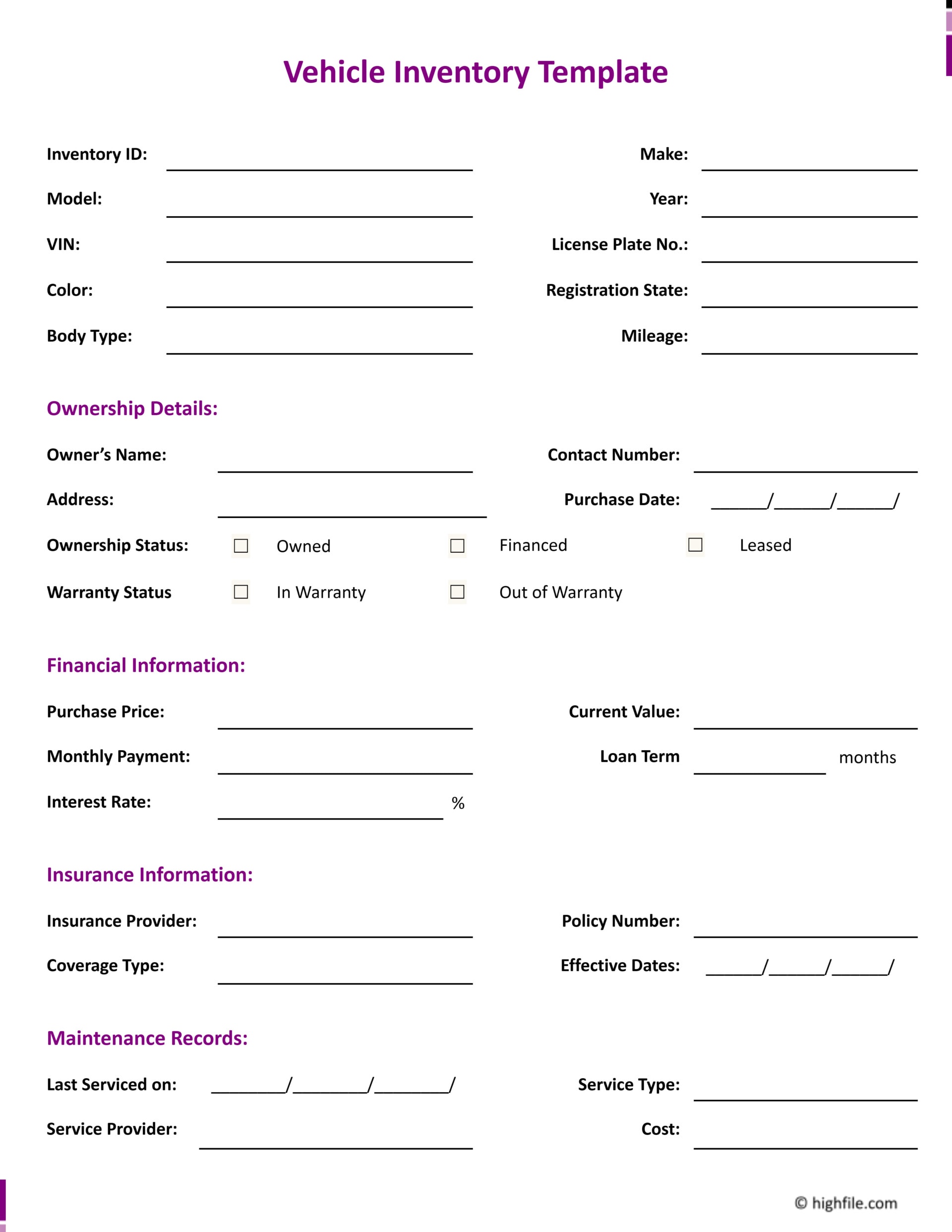 Vehicle Inventory Template - Word | Google Docs - Highfile