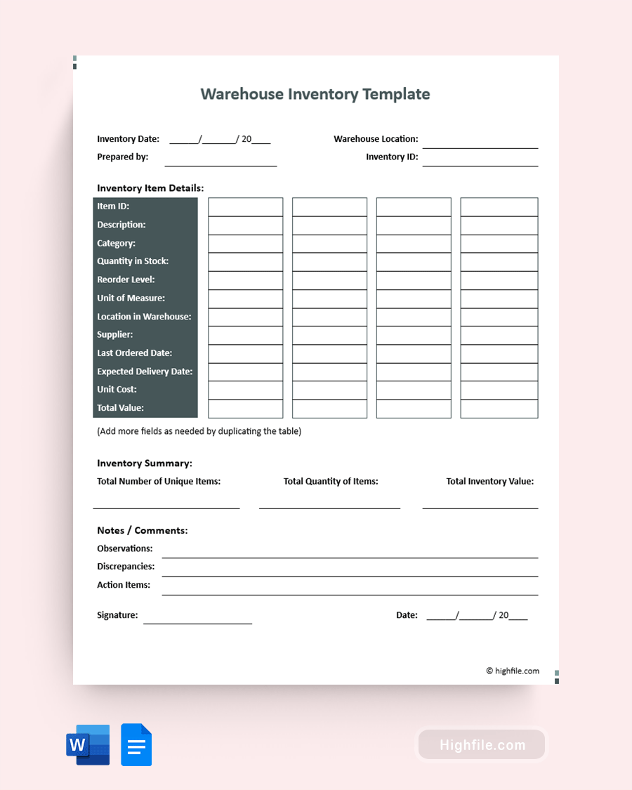 Free Editable Inventory Templates - Highfile