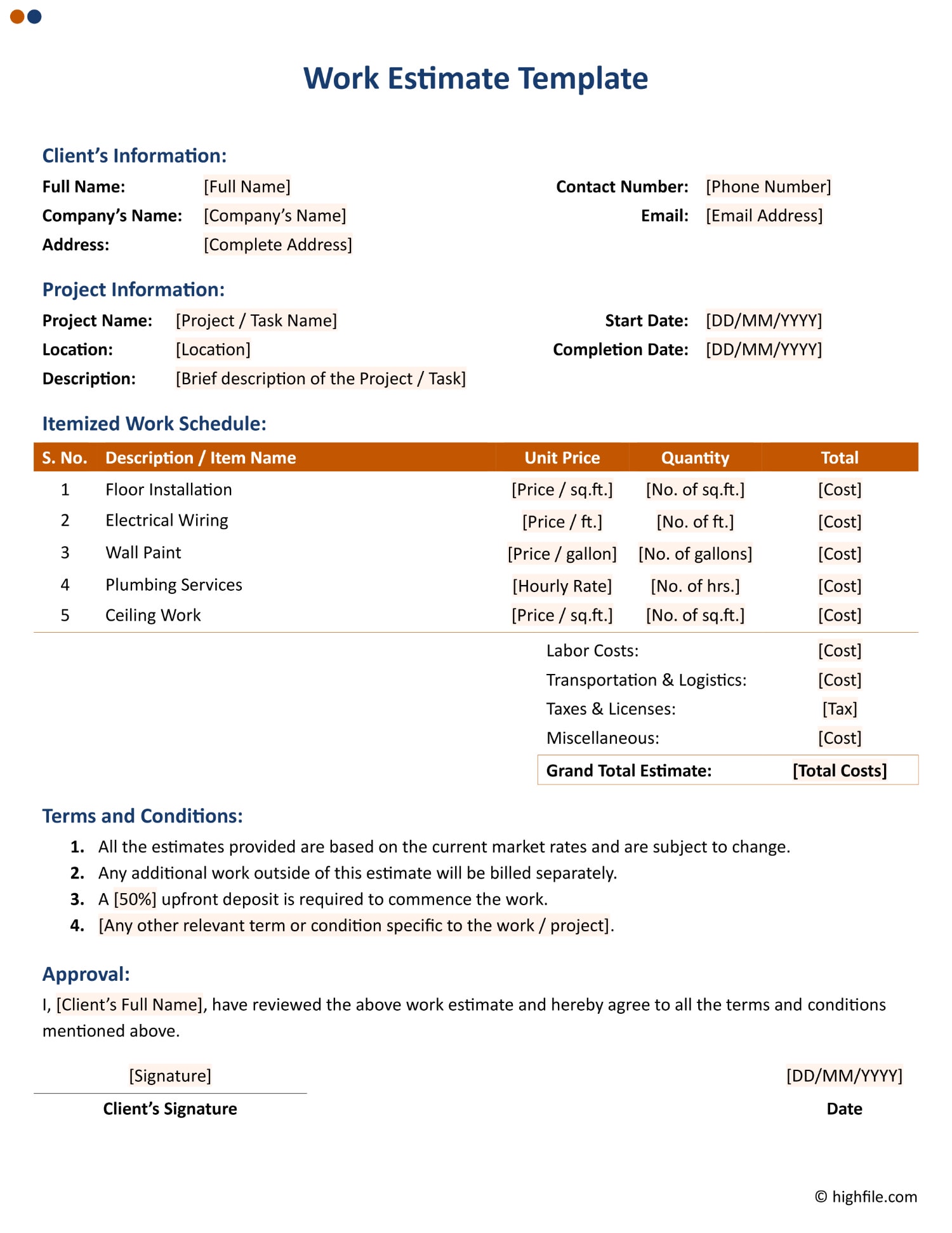 Work Estimate Template - Word | Google Docs - Highfile