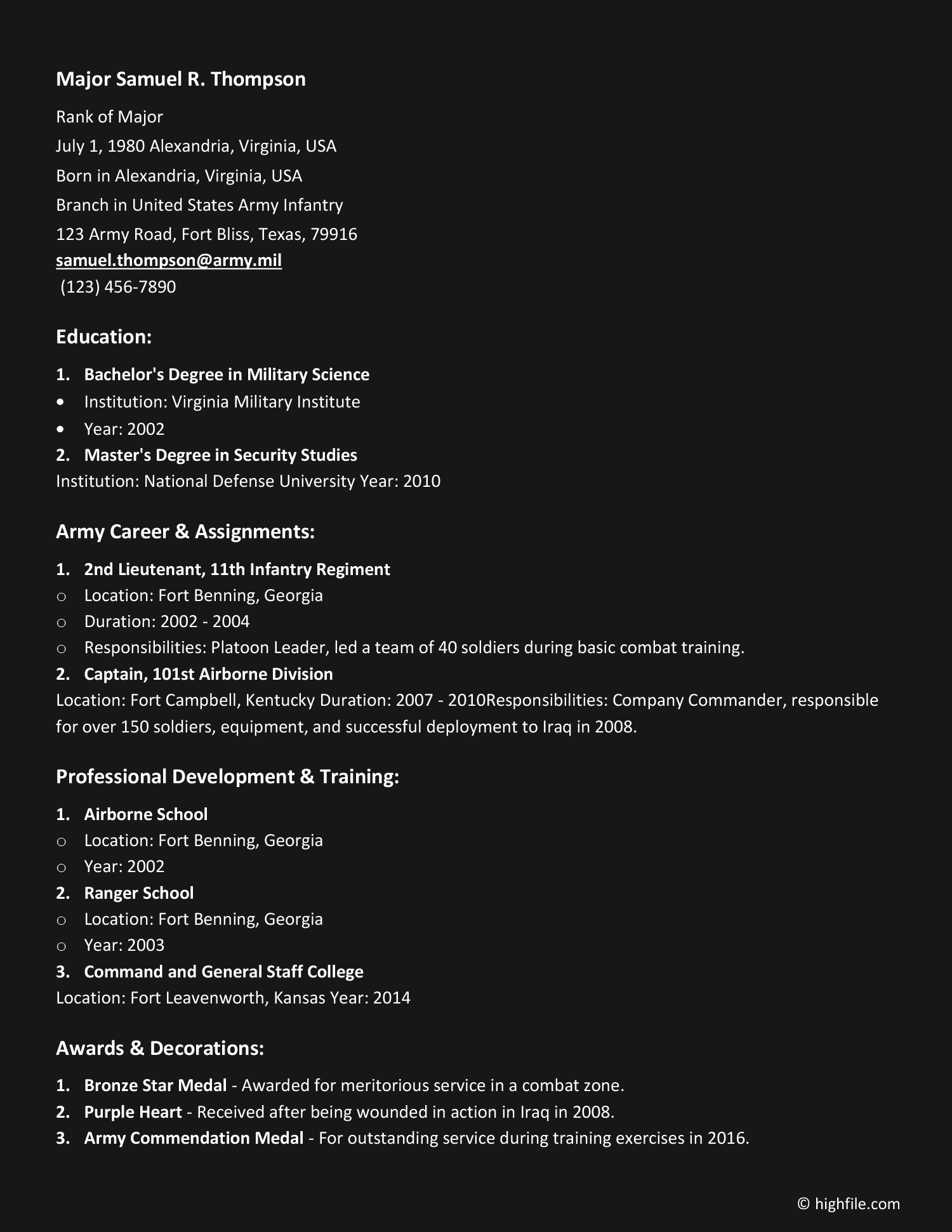 Army Bio Template - Word | Google Docs - Highfile