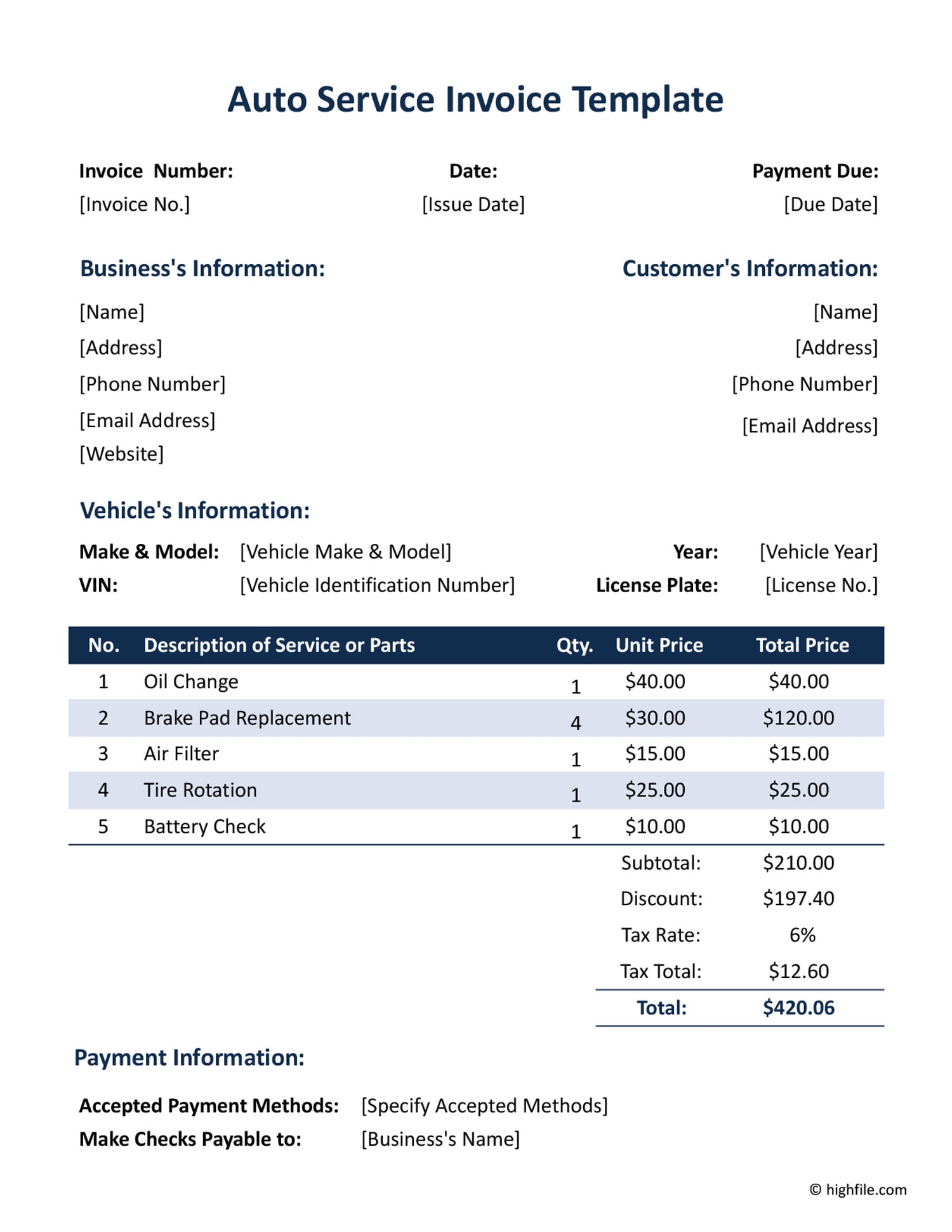 Auto Service Invoice Template Excel } Google Sheets Highfile