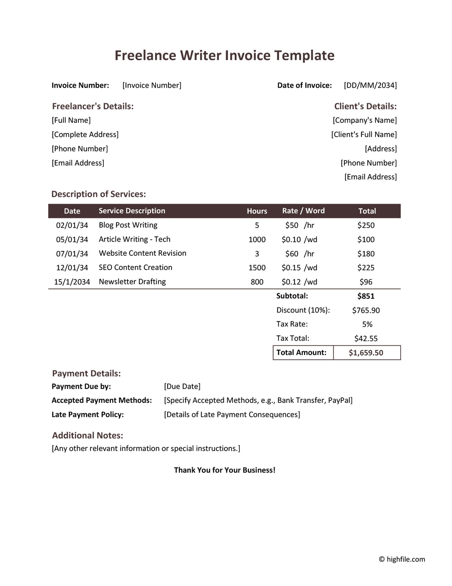 Freelance Writer Invoice Template Excel Google Sheets Highfile