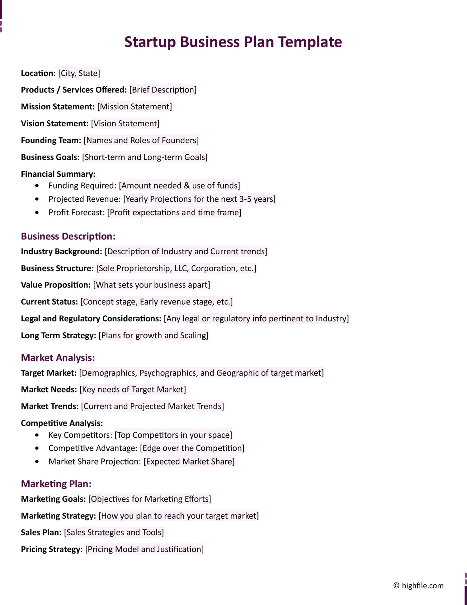 Startup Business Plan Template Word Google Docs Highfile