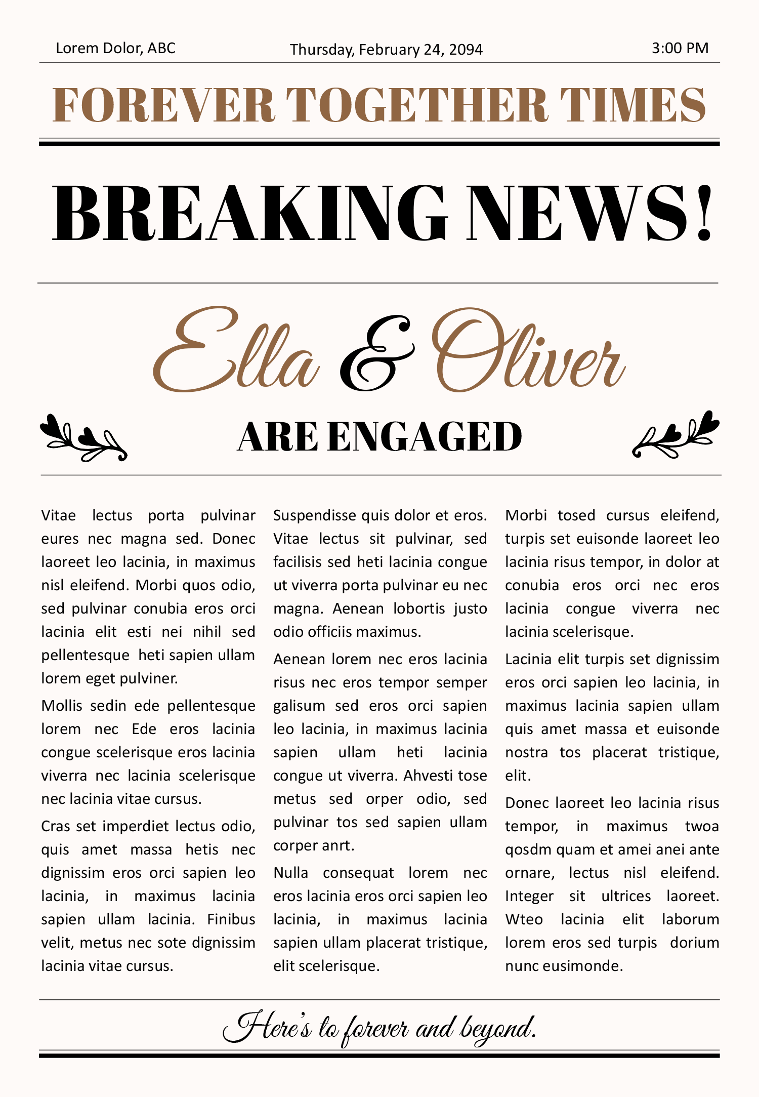 Detailed Engagement Newspaper Template - PowerPoint | Google Slides -  Highfile, image size:1500x2167