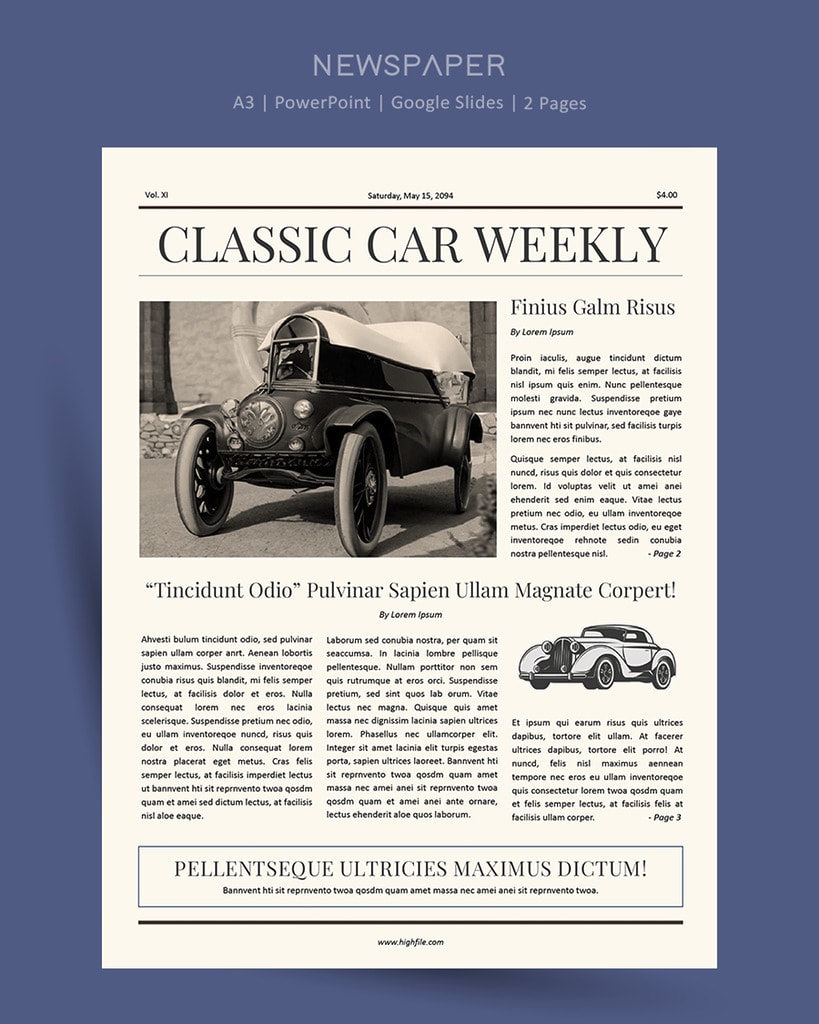 Vintage style Newspaper Front Page Template - Word | Google Docs - Highfile
