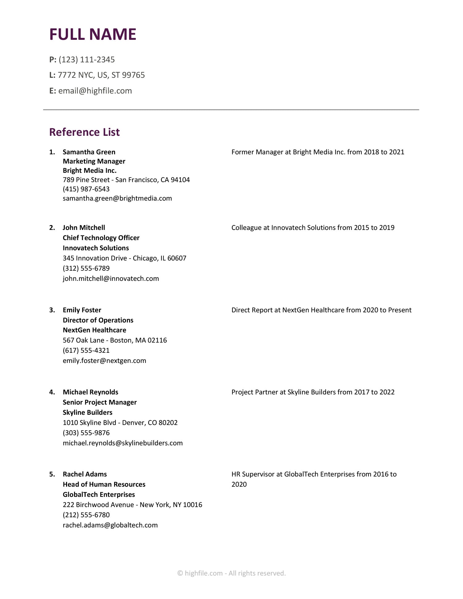 Employment Reference List Template (Word | Google Docs)