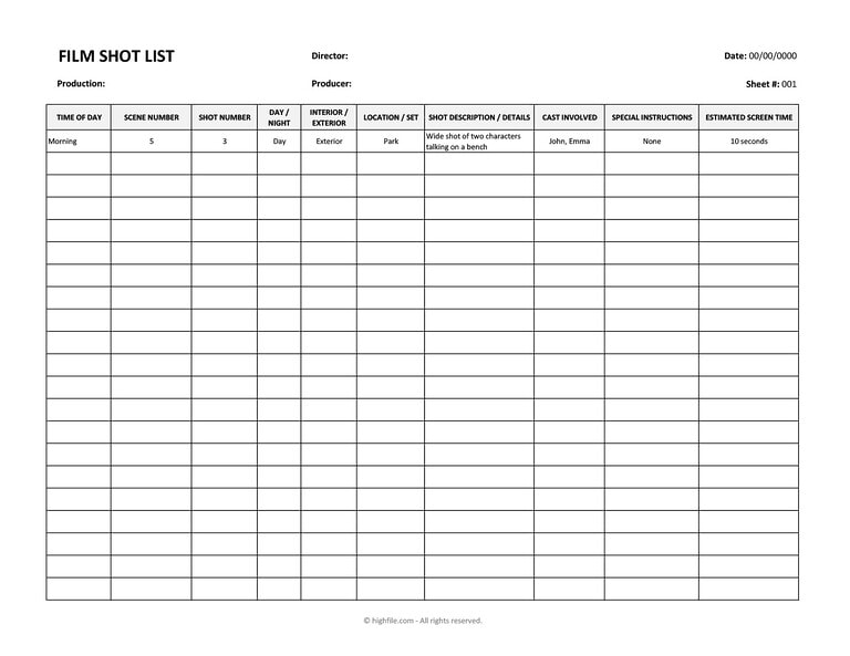 Free Customizable Shot List Templates - Highfile