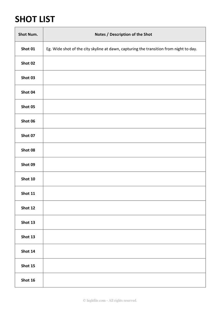 Film Shot List Template - Excel | Google Sheets - Highfile
