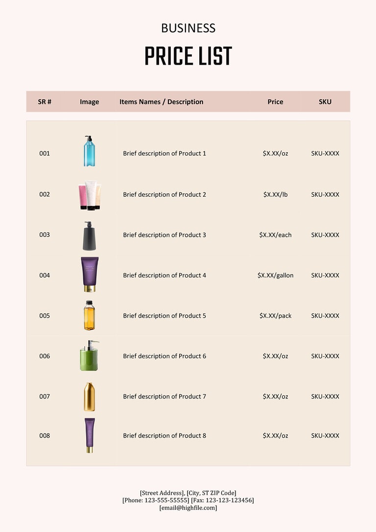 Free Editable Price List Templates - Highfile