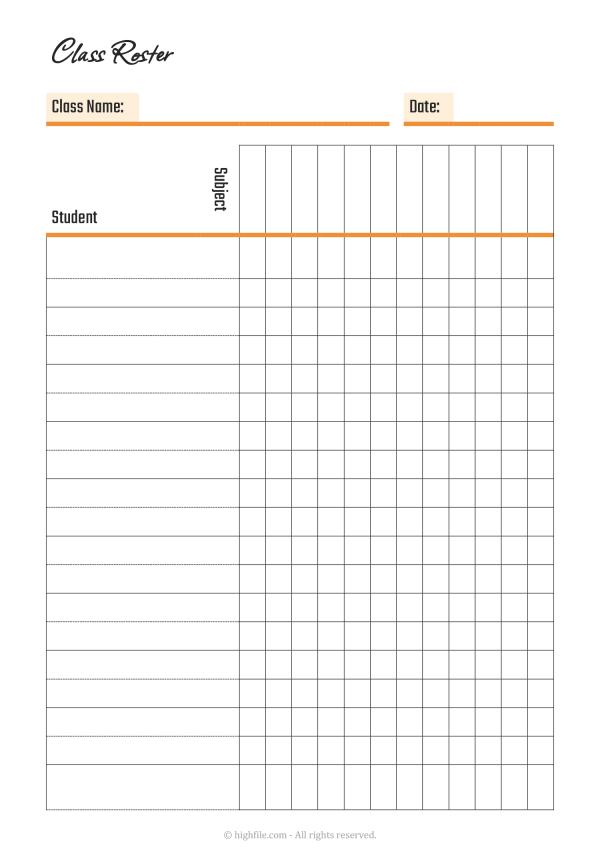 Colorful Class Roster Template - Word | Google Docs | PDF - Highfile