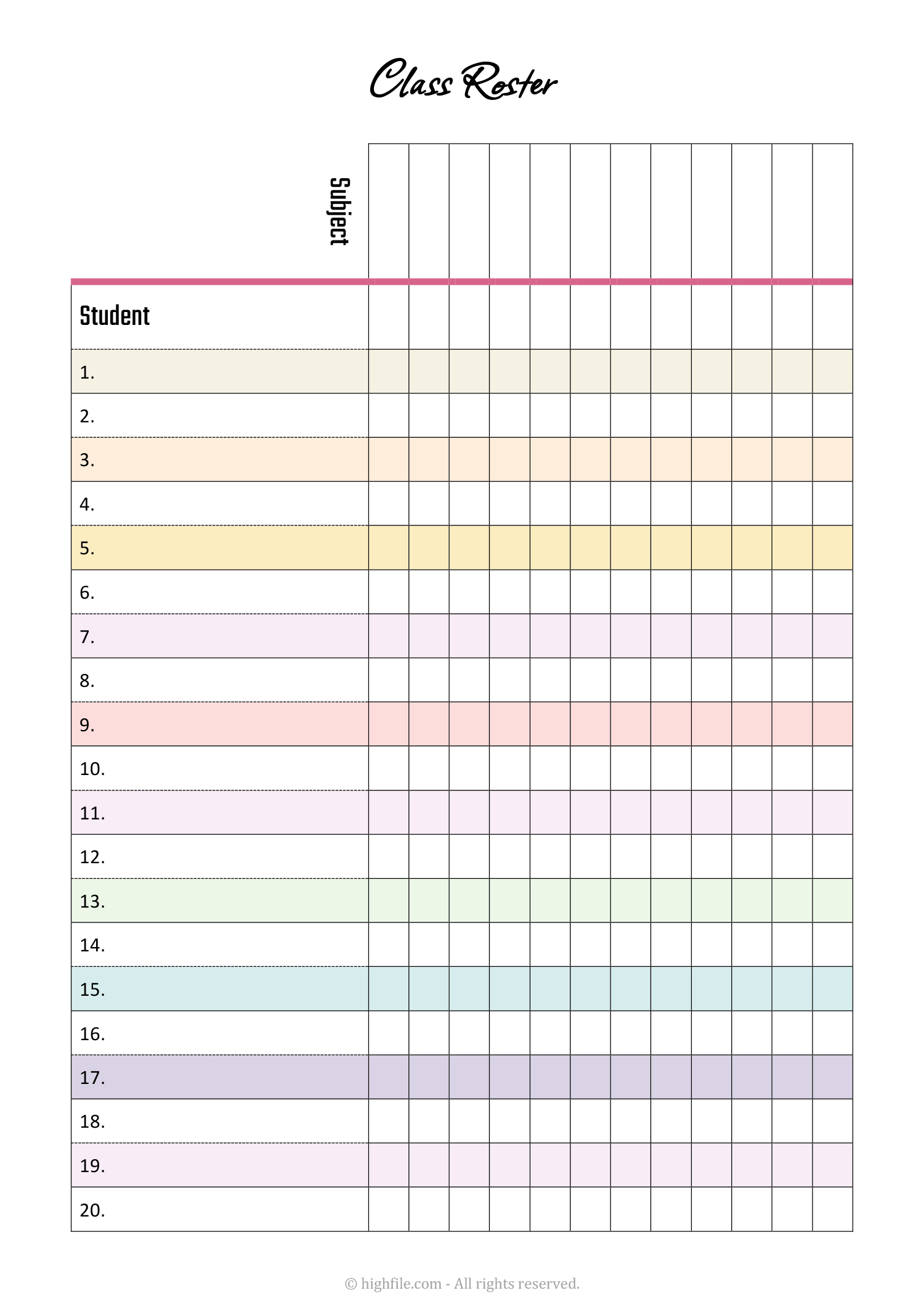 Blank Class Roster Template - Word | PDF - Highfile