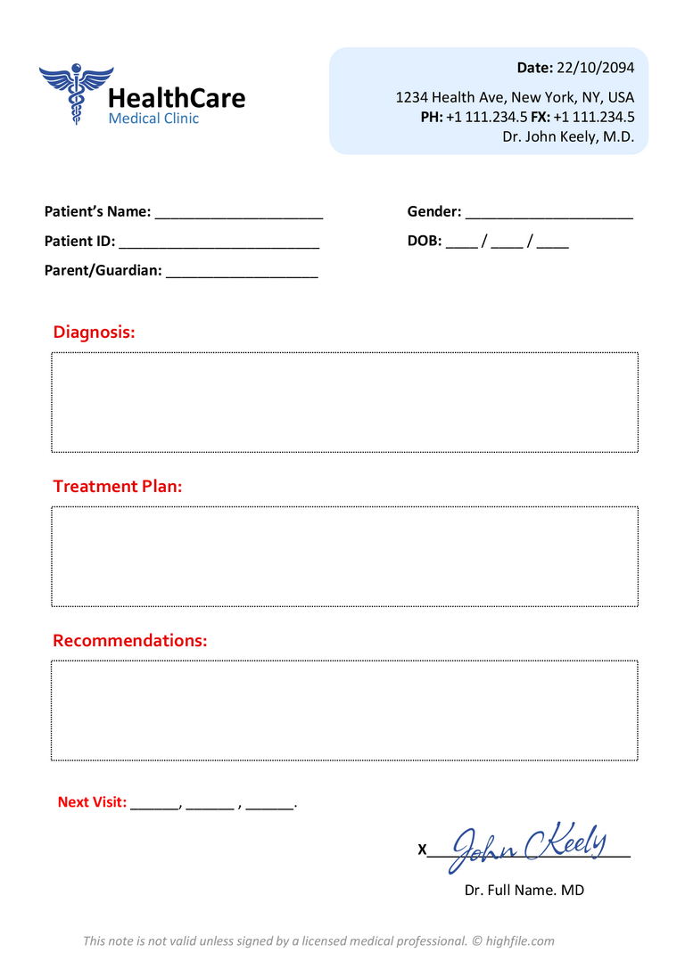Doctor’s Return to Work Note Template - Word | Google Docs | PDF