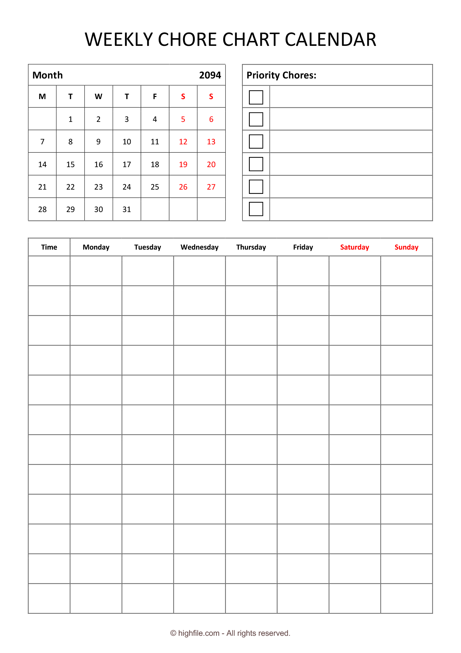 2025 Monthly Minimal Calendar Word Google Docs Highfile Weekly Chore Chart Template Word Google Docs PDF