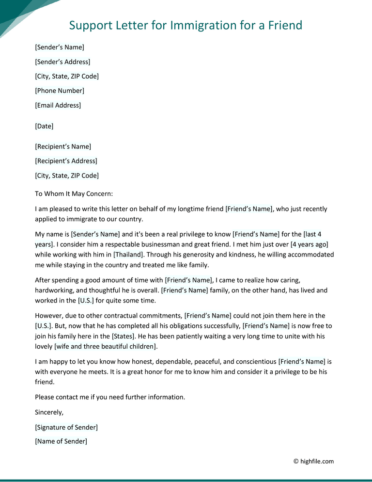 Letter of Support for Immigration - Templates and Examples - Highfile