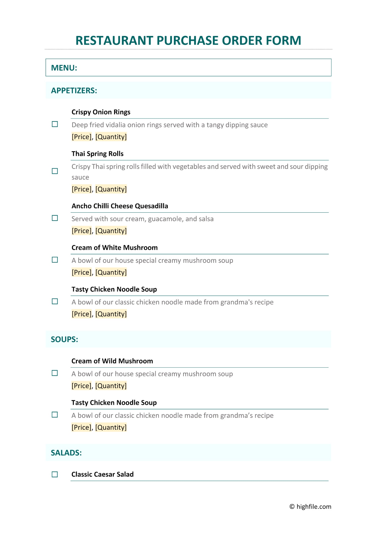 Restaurant Purchase Order Form Template Word PDF Google Docs