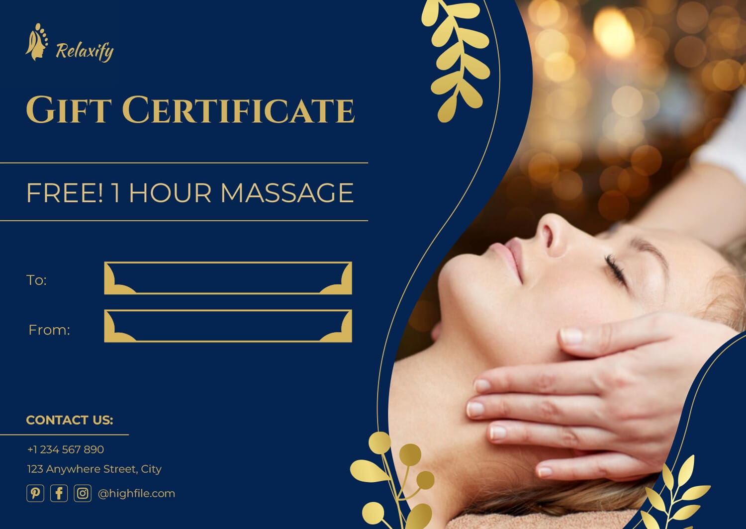 Royal Blue Massage Gift Certificate Template - Word | Google Docs - Highfile for Free Printable Massage Gift Certificates