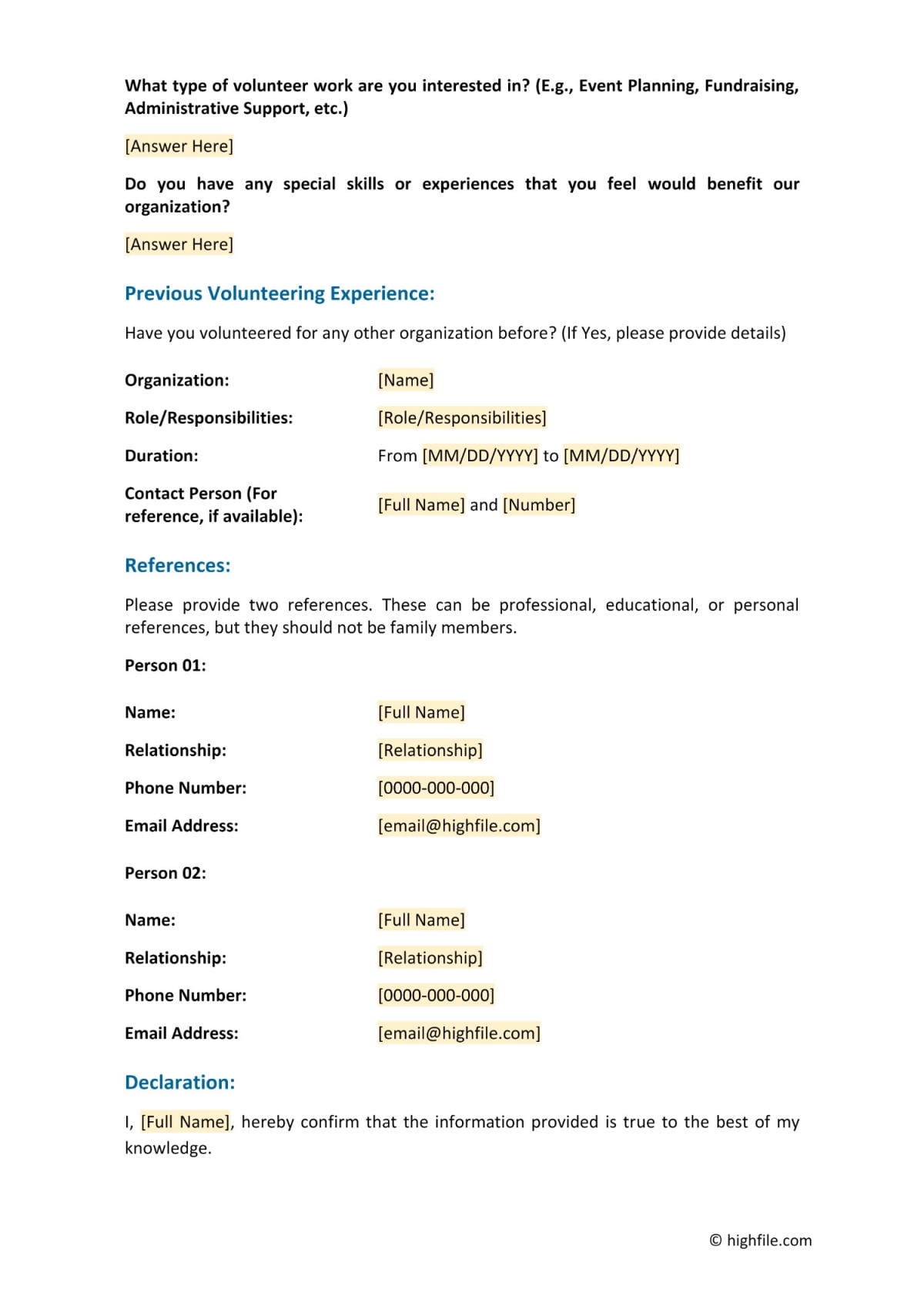12 Free Volunteer Forms in Google Docs, Word, and PDF - Highfile