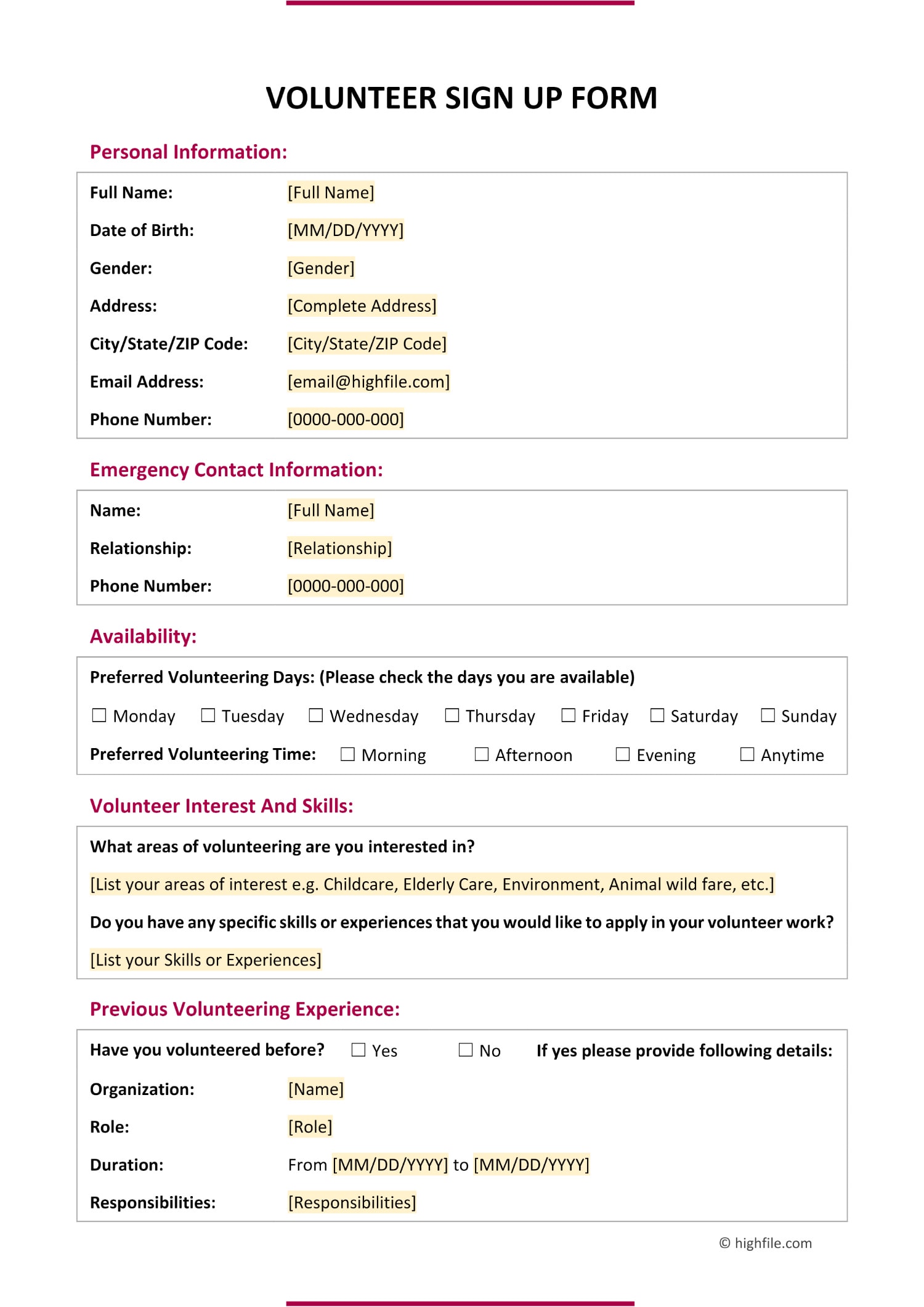 Volunteer Hours Form Word PDF Google Docs Highfile Volunteer Hours Form Word PDF Google Docs Highfile