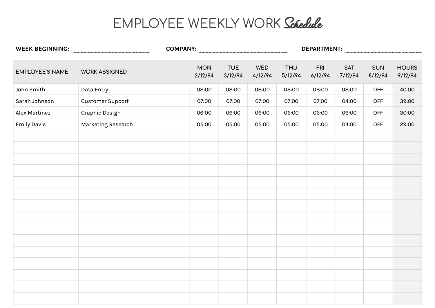 Weekly Work Schedule Printable - Printable Employee Weekly Work Schedule Template Google Docs Word 