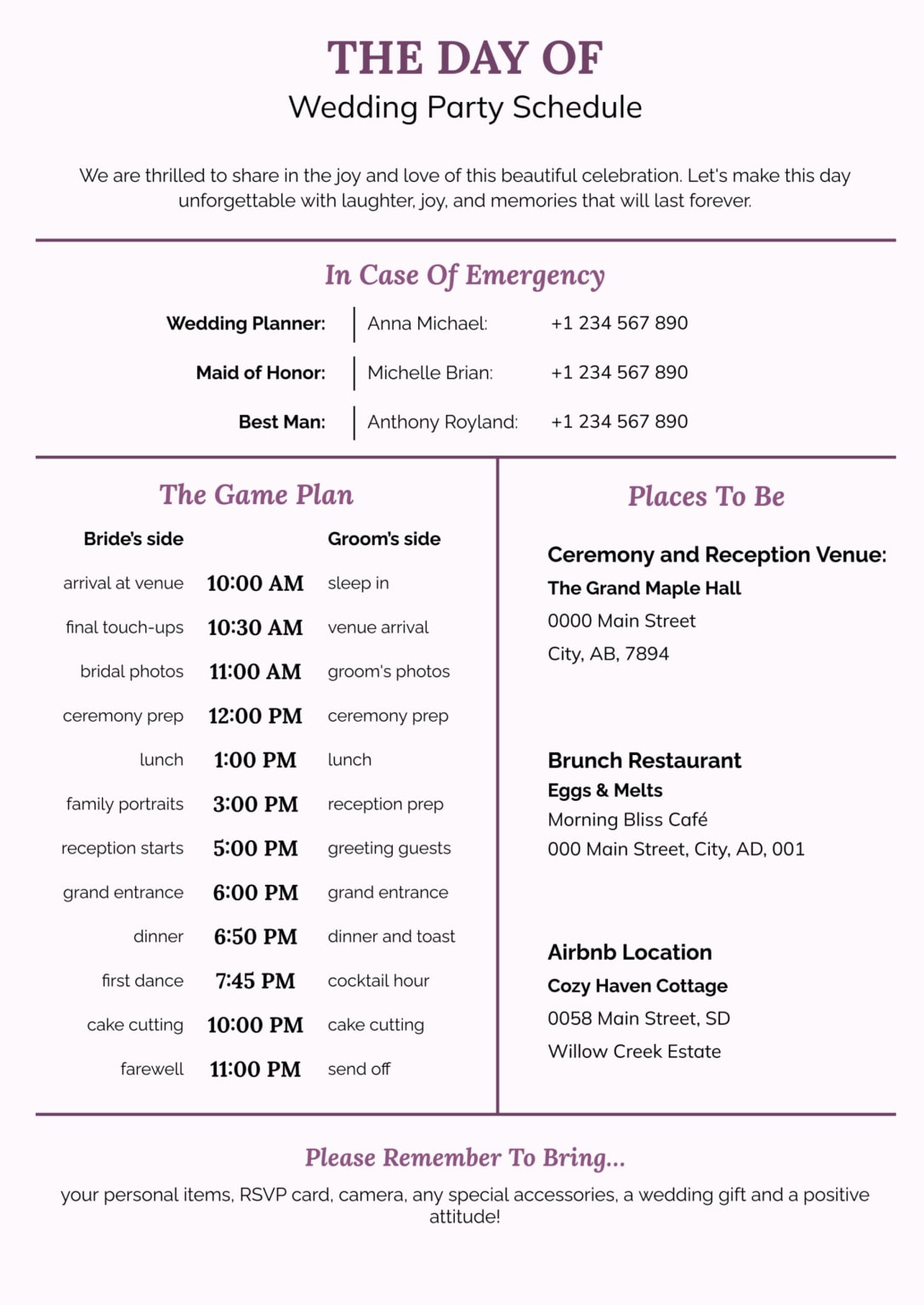 Wedding Day Schedule Template - Word | Google Docs - Highfile