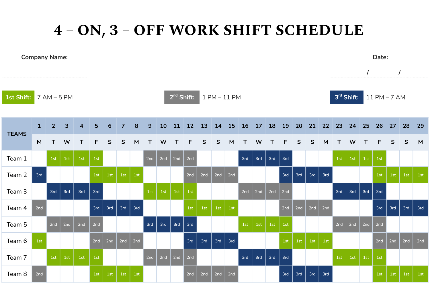 4-on, 3-off Work Shift Schedule Template - Google Docs | Word - Highfile