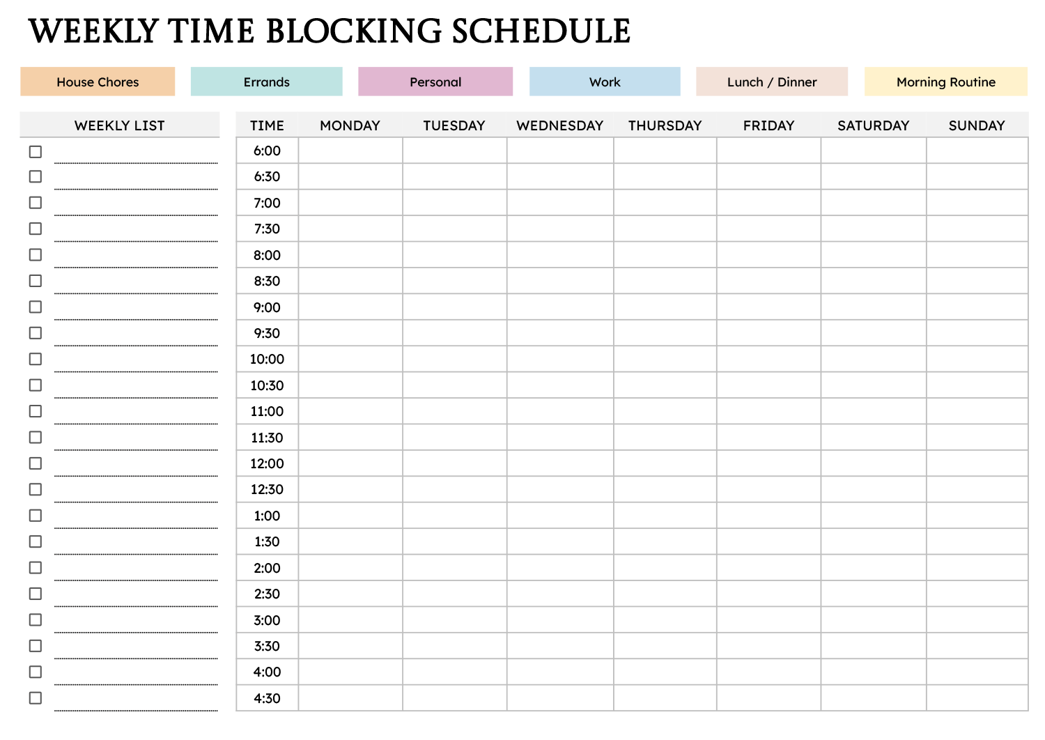 Weekly Time Blocking Schedule Template - Highfile