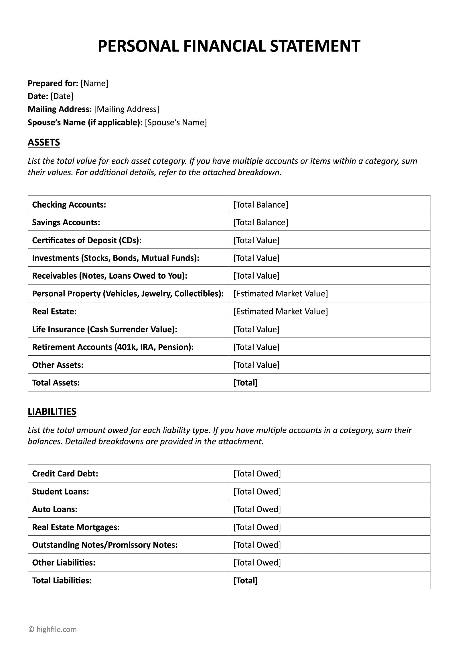 Blank Financial Worksheet Basic Personal Financial Statement By Month