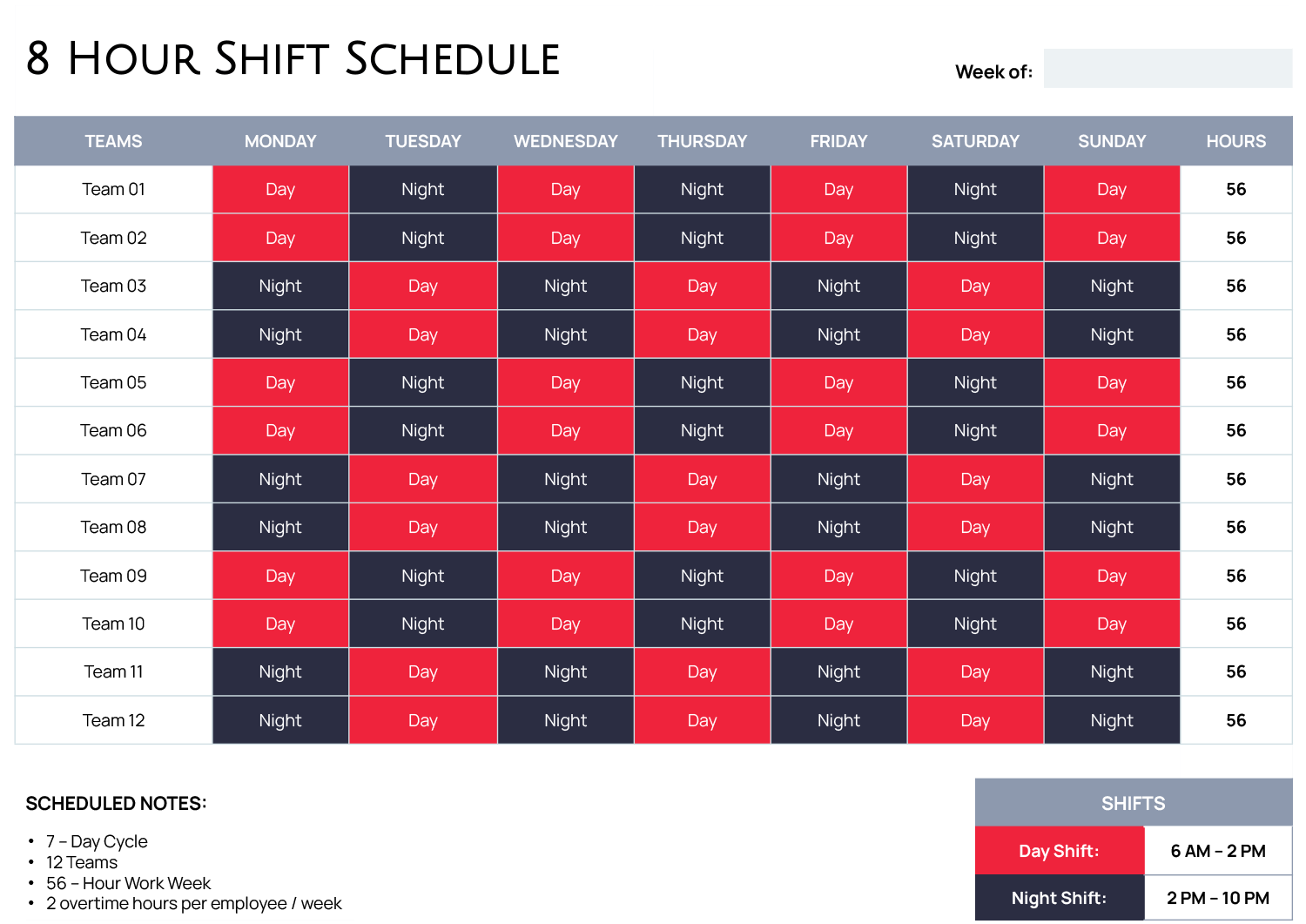 Rotating Shift Schedule Template - Excel | Google Sheets - Highfile