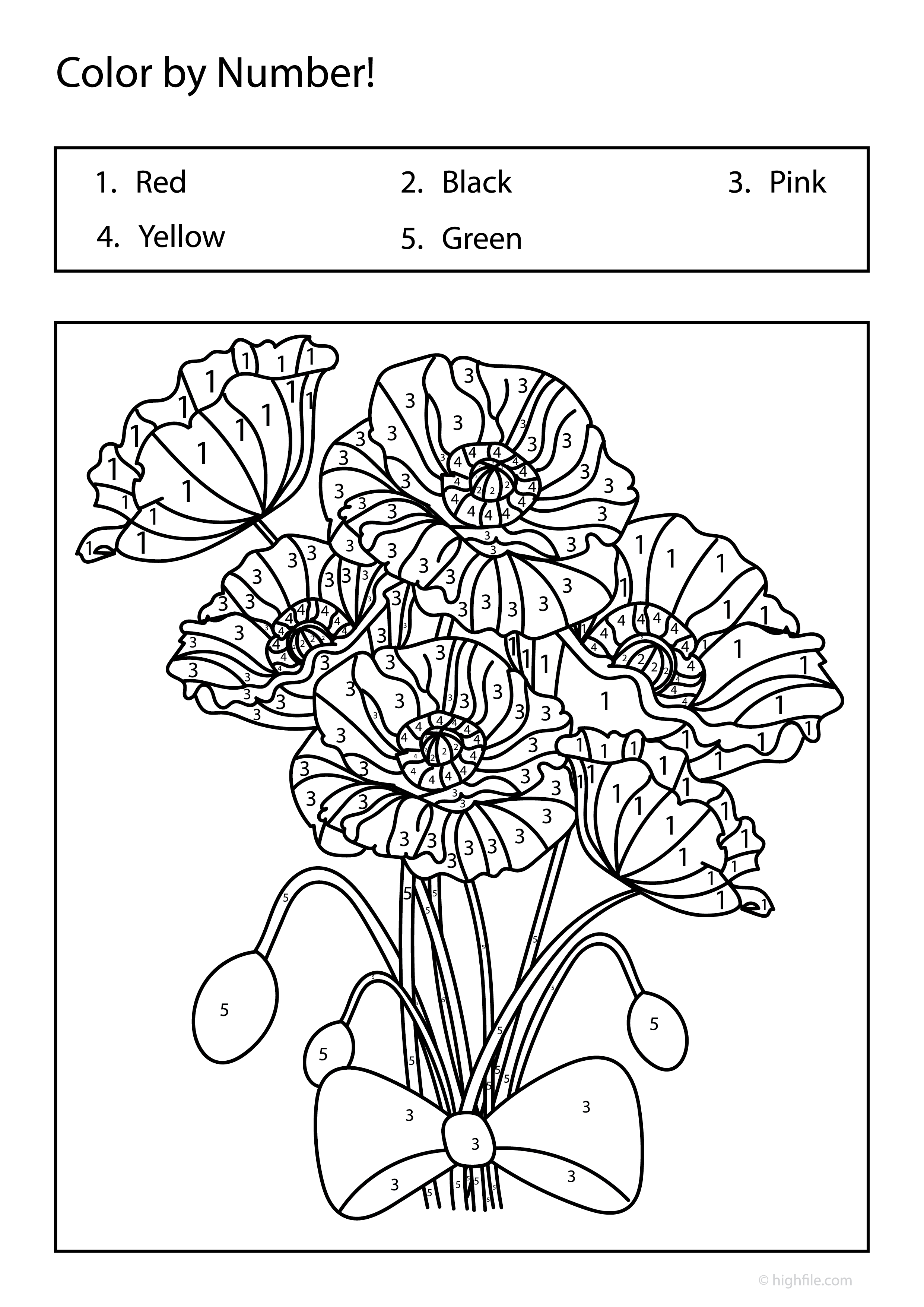 Flowers Color by Number Coloring Page - PDF - Highfile
