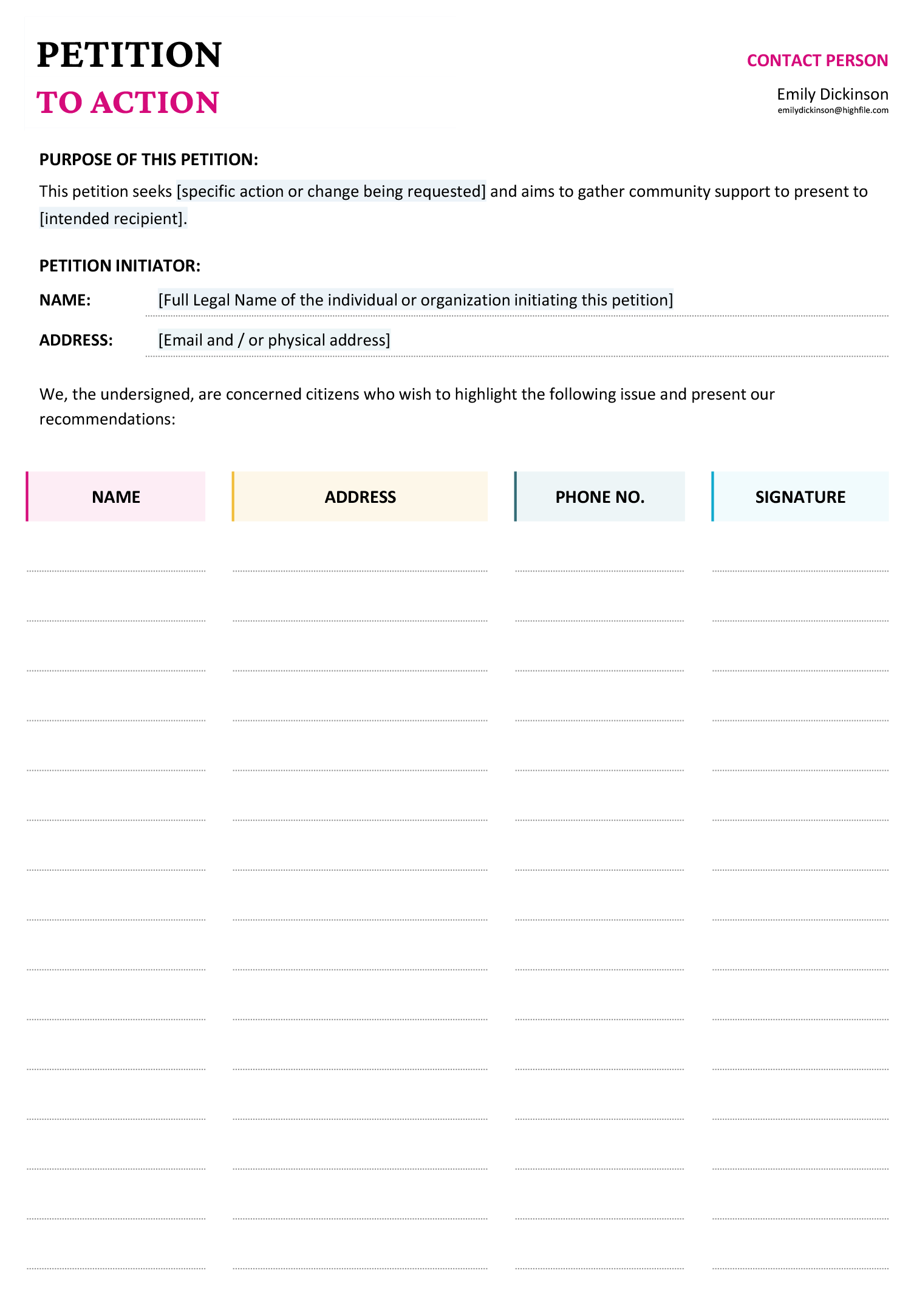 Petition to Action Sheet Template - Word - Highfile