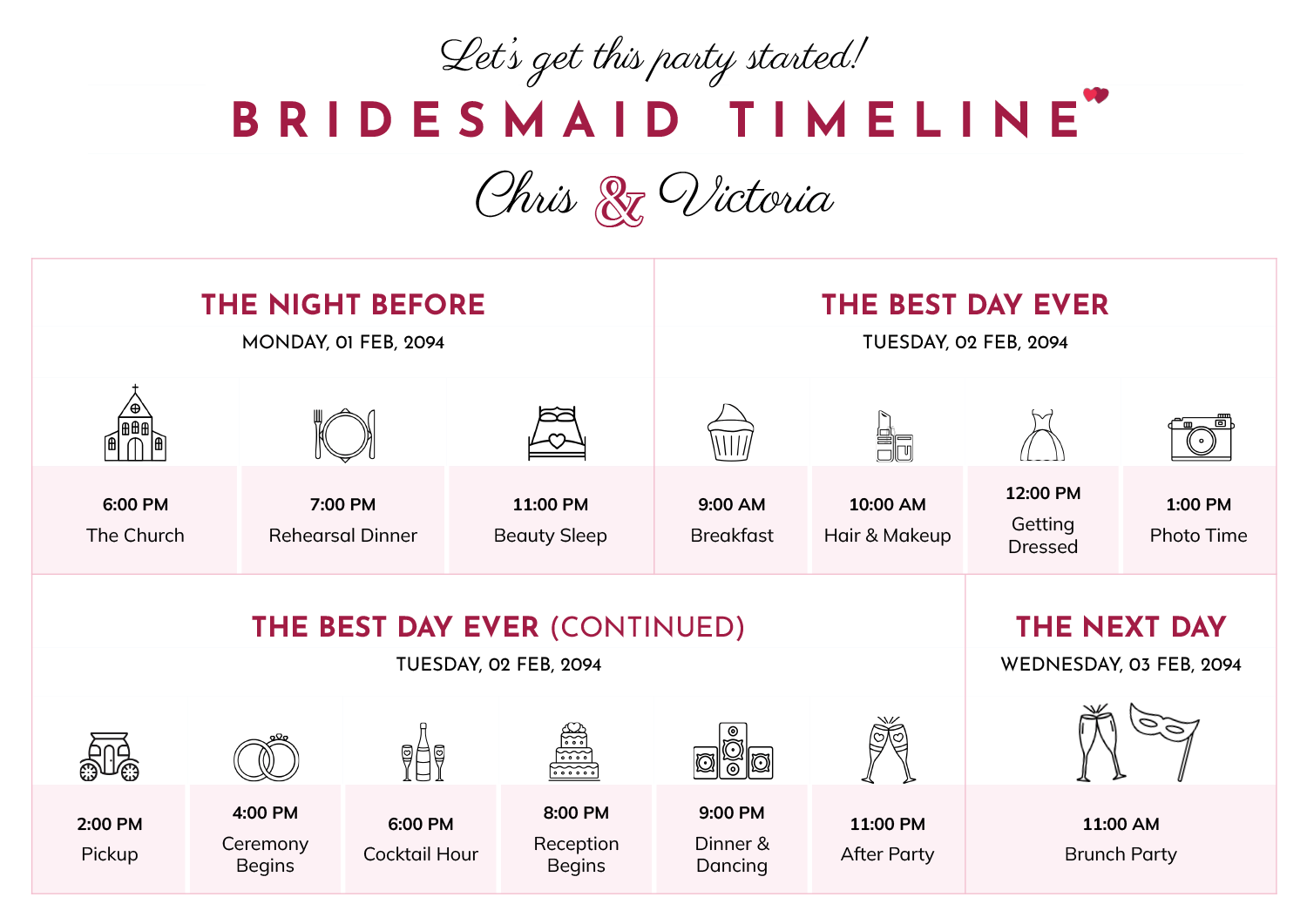 Wedding Day Bridesmaids Timeline Template Google Slides PowerPoint Wedding Day Bridesmaids Timeline Template Google Slides PowerPoint