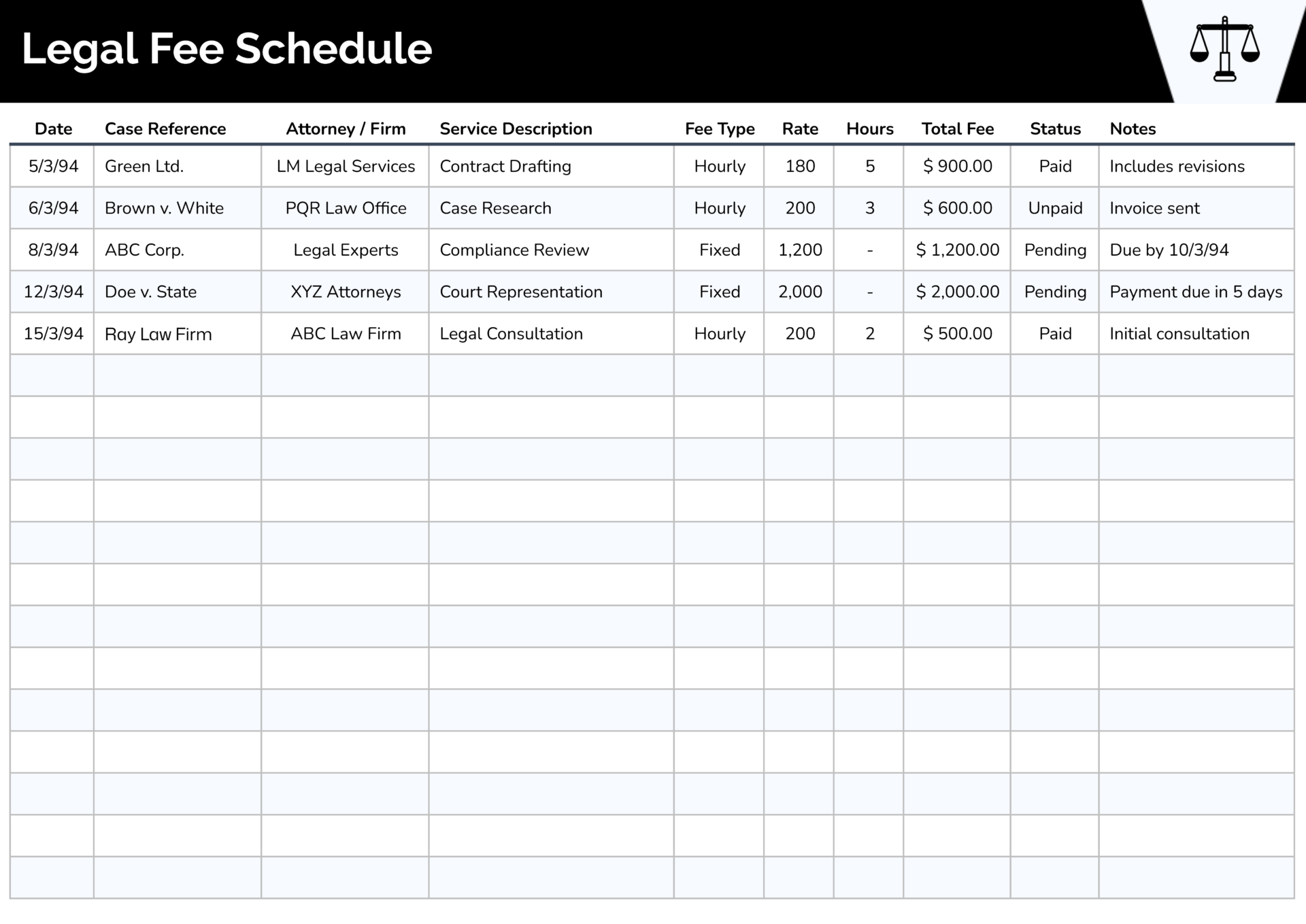 Legal Fee Schedule Template - Google Docs | Word - Highfile
