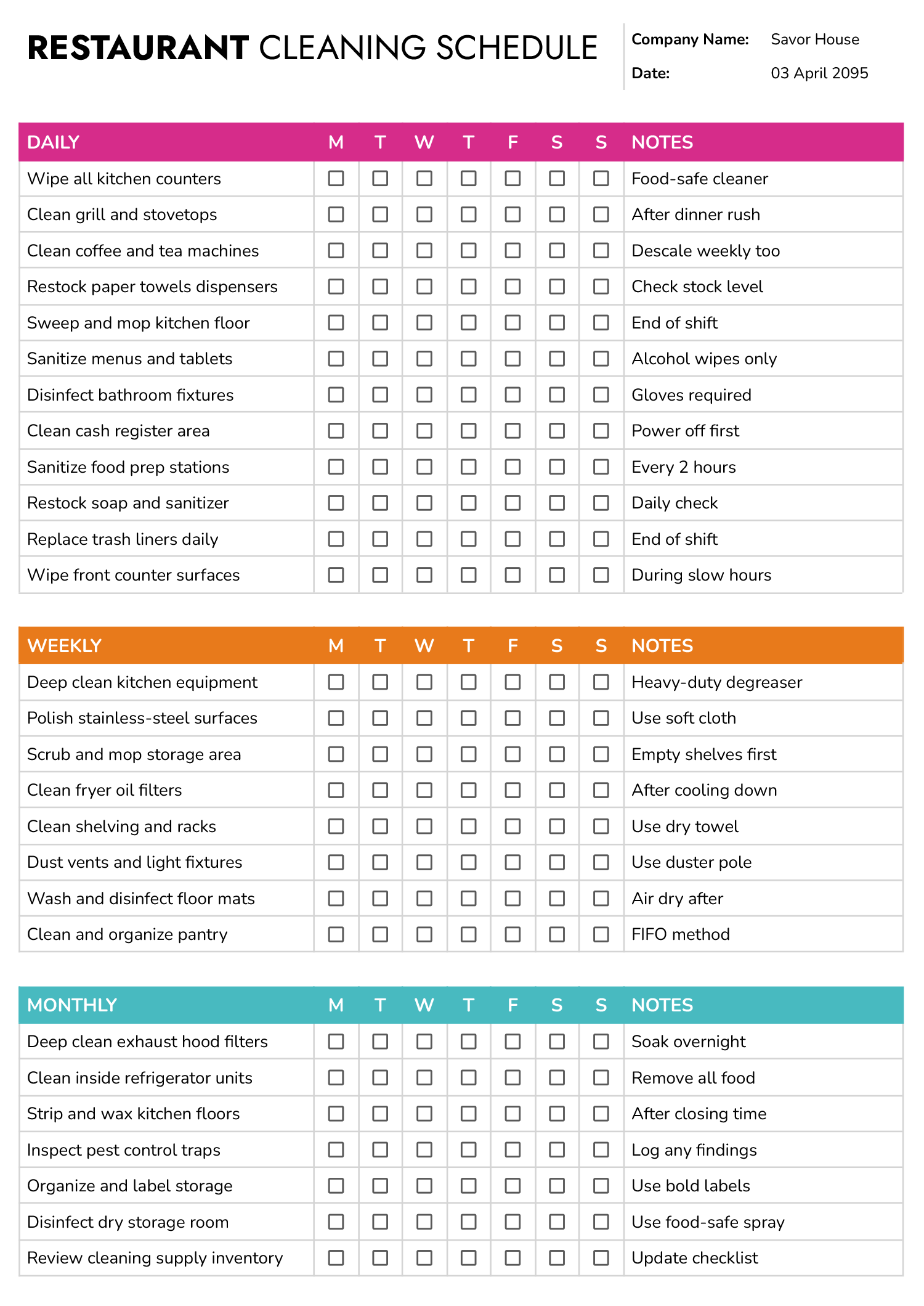 Free Daily, Weekly, Monthly Cleaning Schedule Template - Highfile