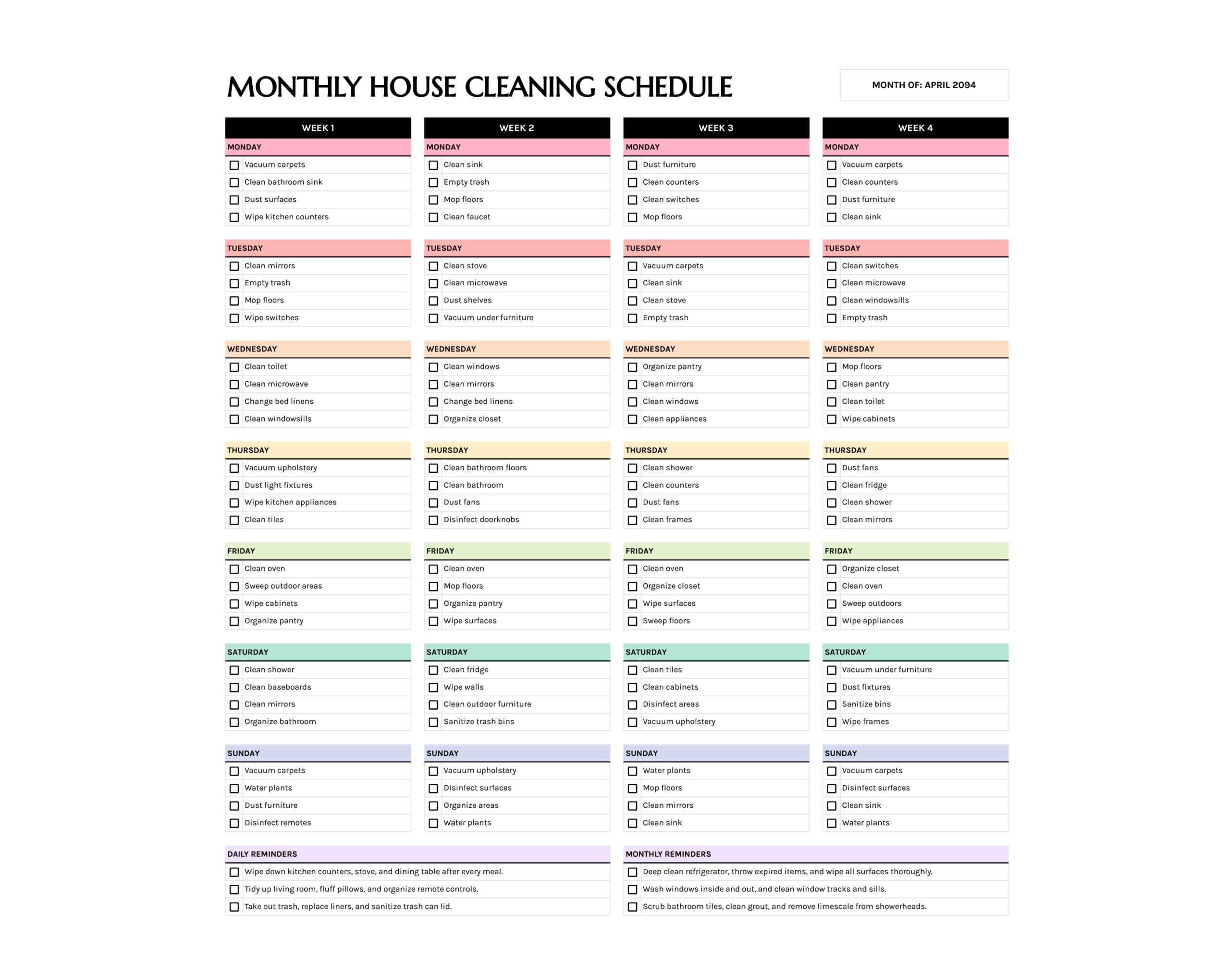 Free Daily, Weekly, Monthly Cleaning Schedule Template - Highfile
