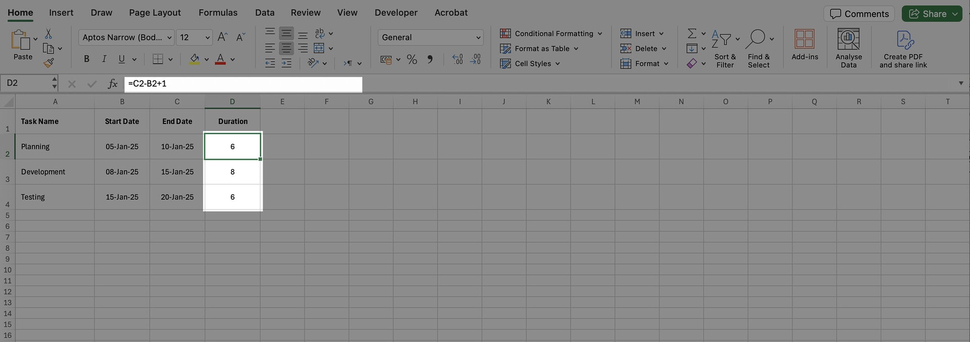 Making a Gantt Chart: Calculate the Duration of Each Task