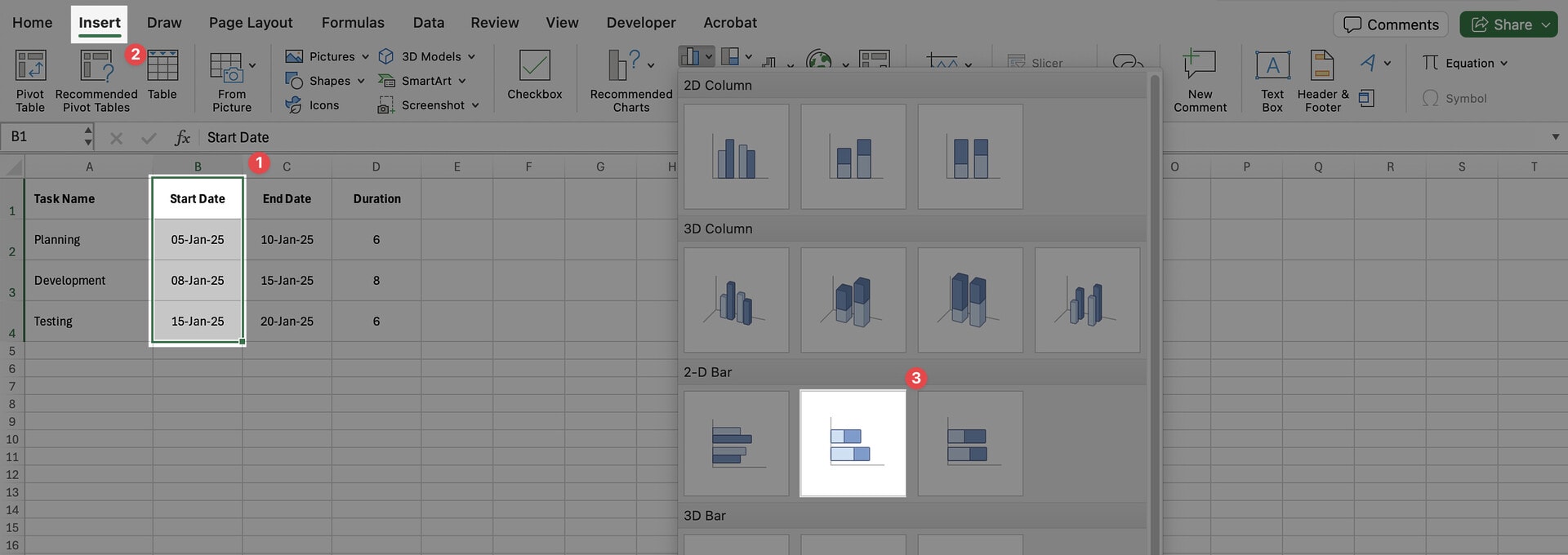 Making the Gantt Chart: Insert the Initial Stacked Bar Chart