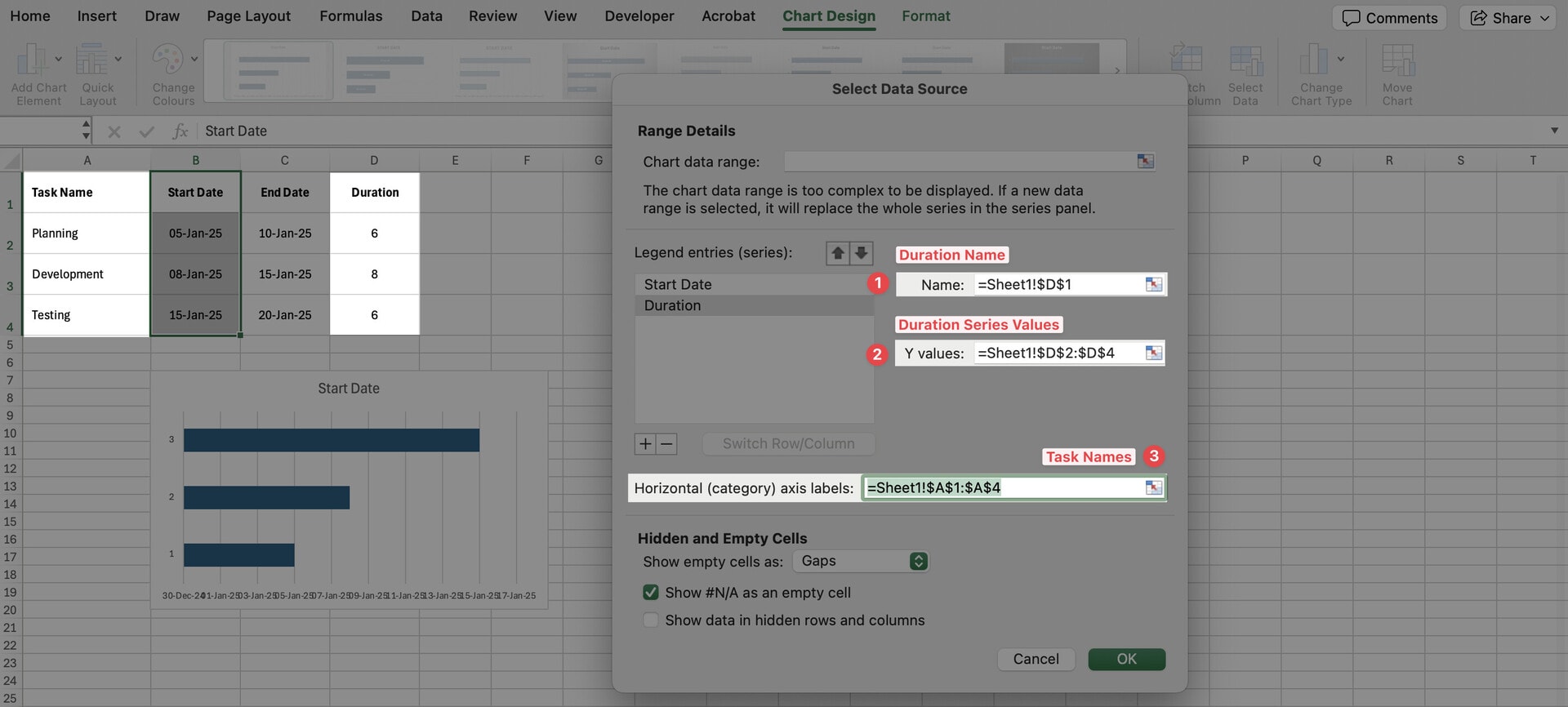 Making a Gantt Chart: Add Duration and Task Names to the Chart